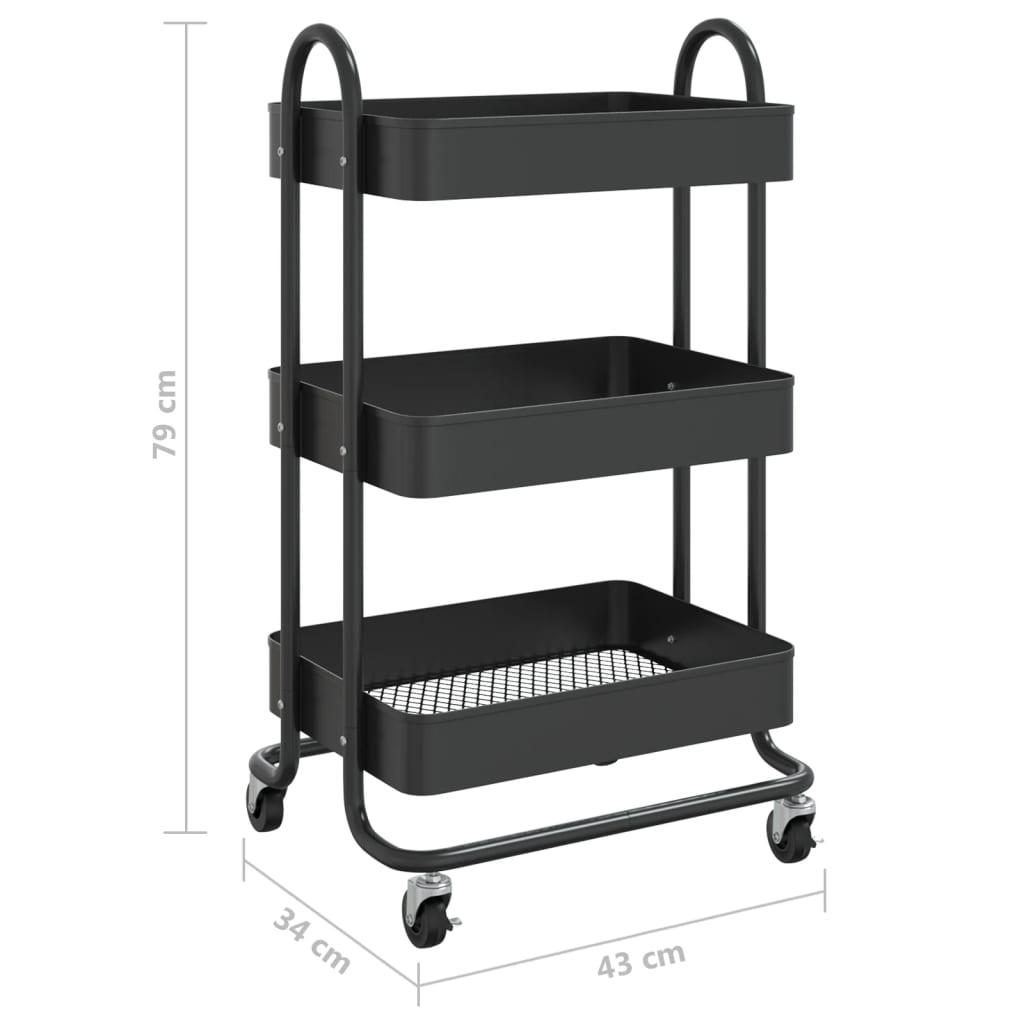 vidaXL 3-Tier Trolley Black 16.9"x13.4"x31.1" Steel