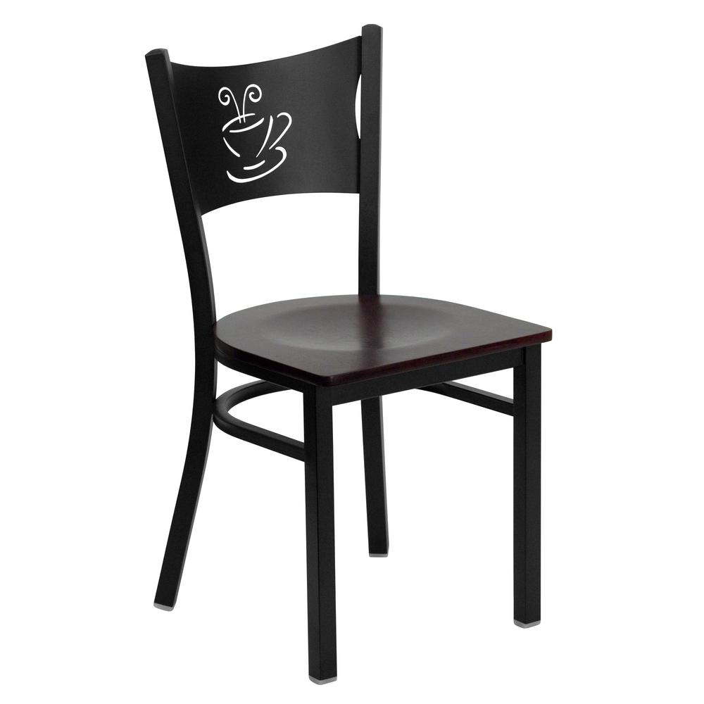 Black Coffee Back Metal Restaurant Chair - Mahogany Wood Seat