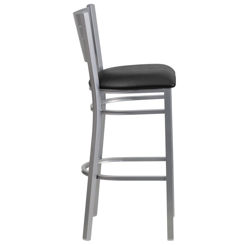 Silver Slat Back Metal Restaurant Barstool - Black Vinyl Seat