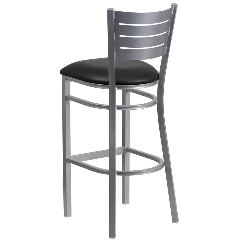 Silver Slat Back Metal Restaurant Barstool - Black Vinyl Seat