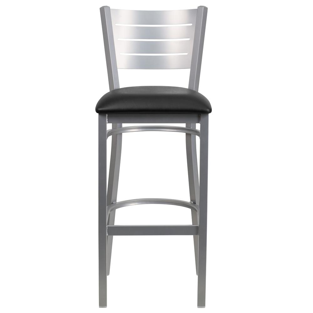 Silver Slat Back Metal Restaurant Barstool - Black Vinyl Seat