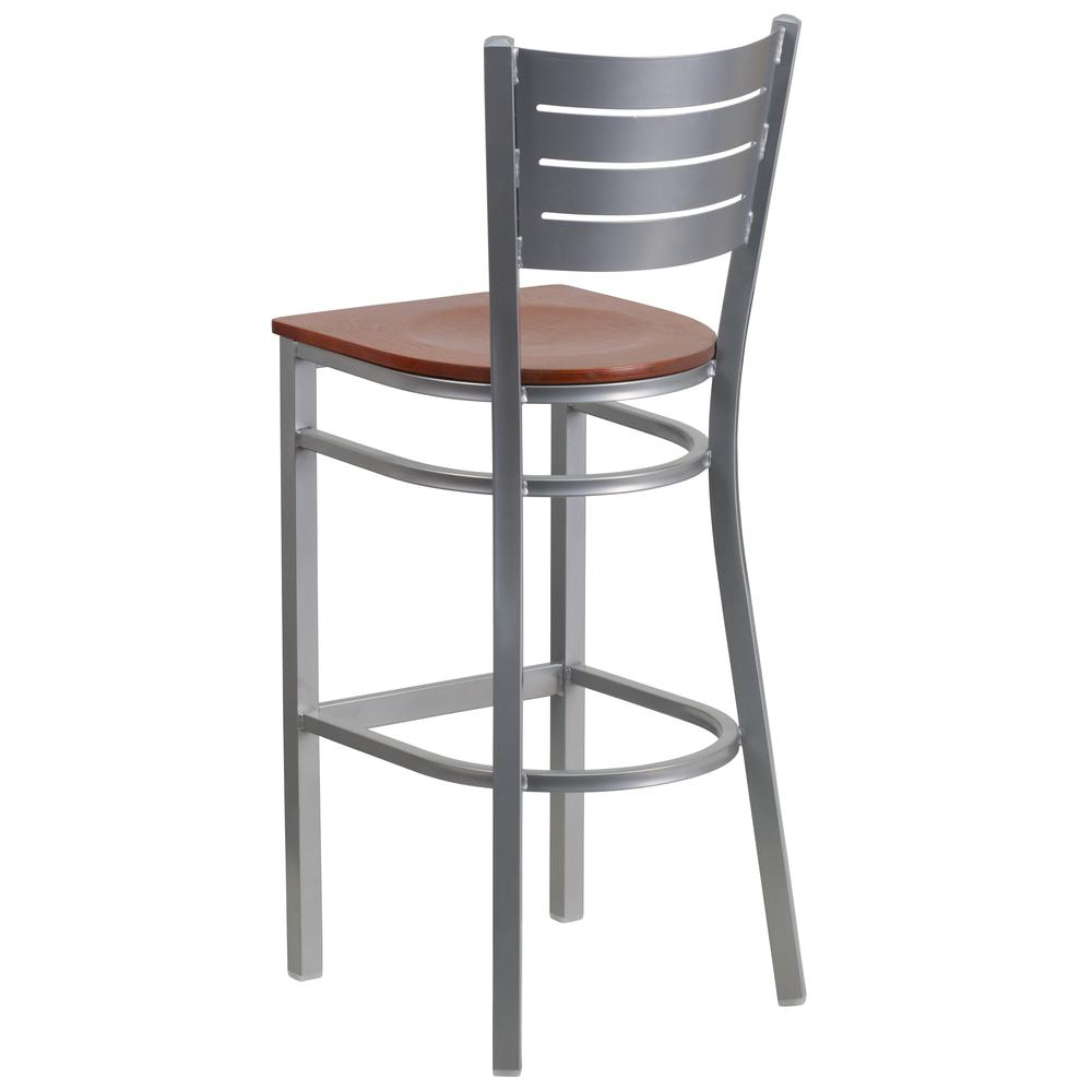 Silver Slat Back Metal Restaurant Barstool - Cherry Wood Seat