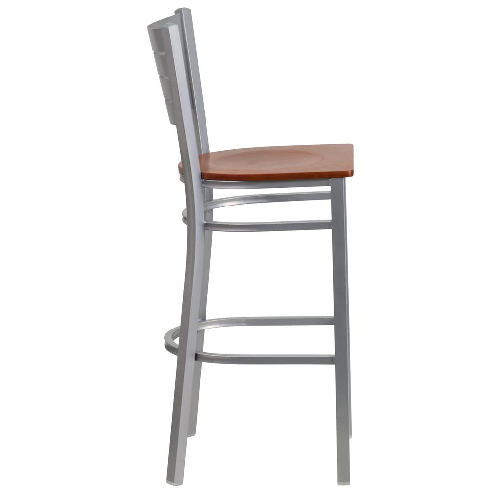 Silver Slat Back Metal Restaurant Barstool - Cherry Wood Seat