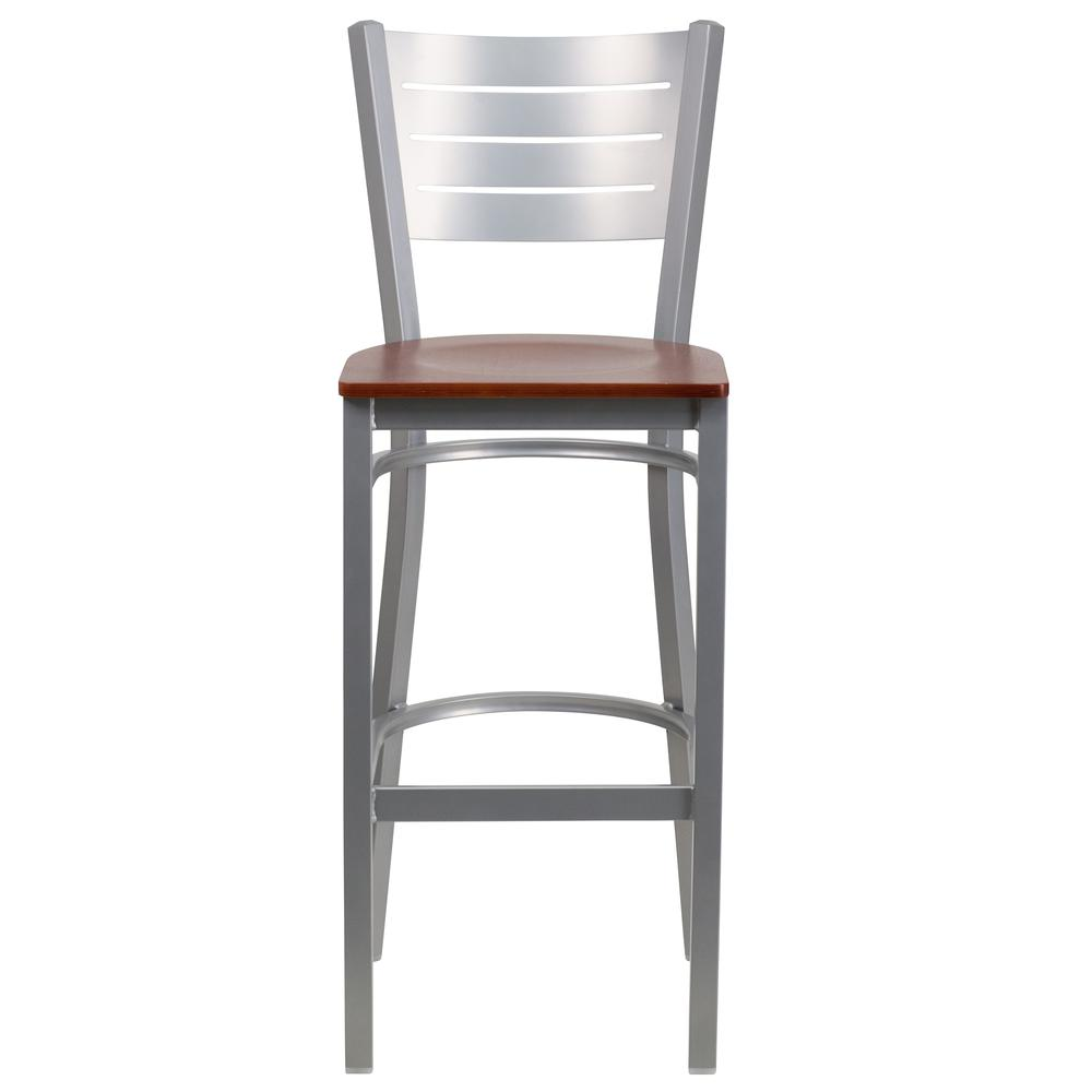 Silver Slat Back Metal Restaurant Barstool - Cherry Wood Seat