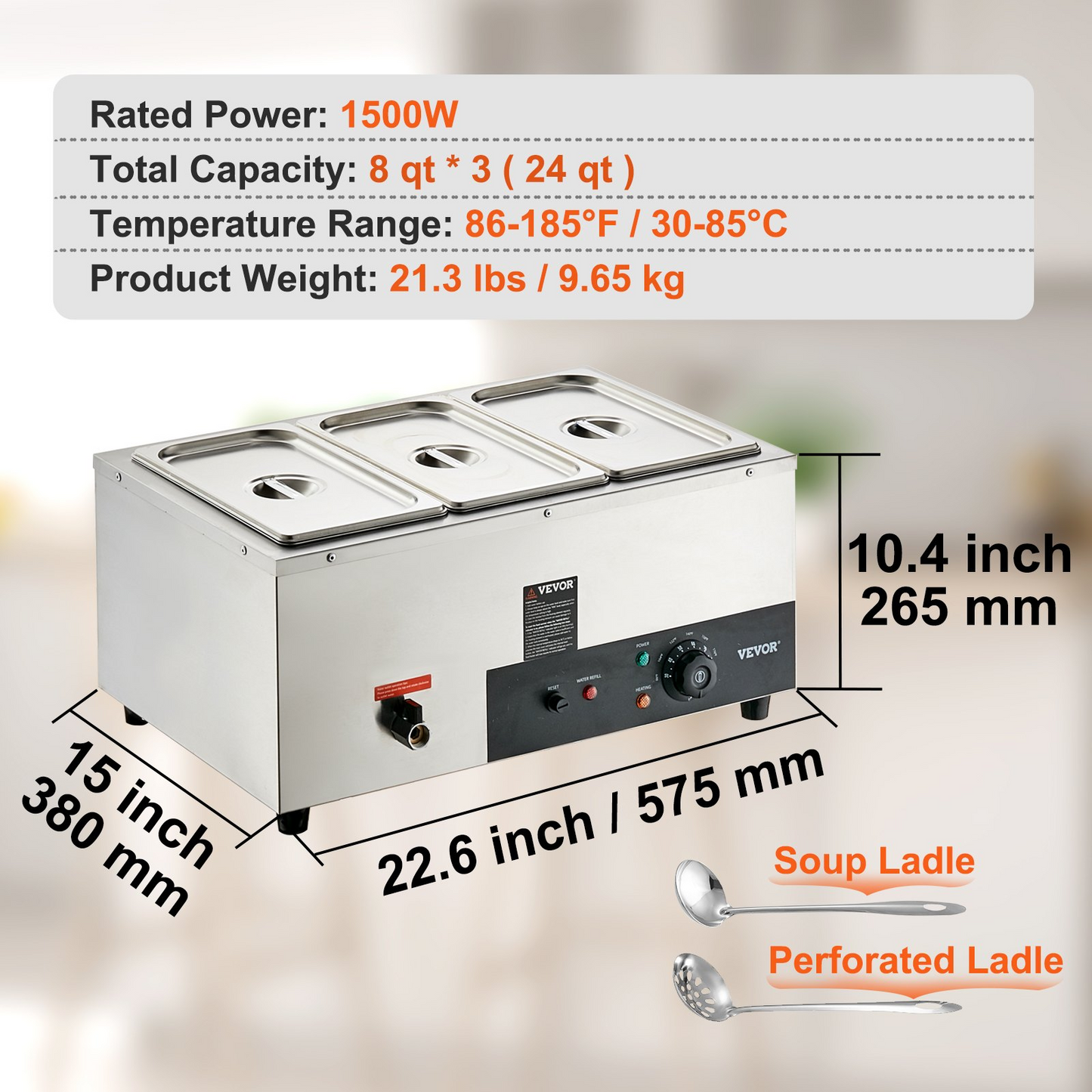 VEVOR 3-Pan Commercial Food Warmer, 3 x 8QT Electric Steam Table, 1500W Professional Countertop Stainless Steel Buffet Bain Marie with 86-185°F Temp Control for Catering and Restaurants, Silver