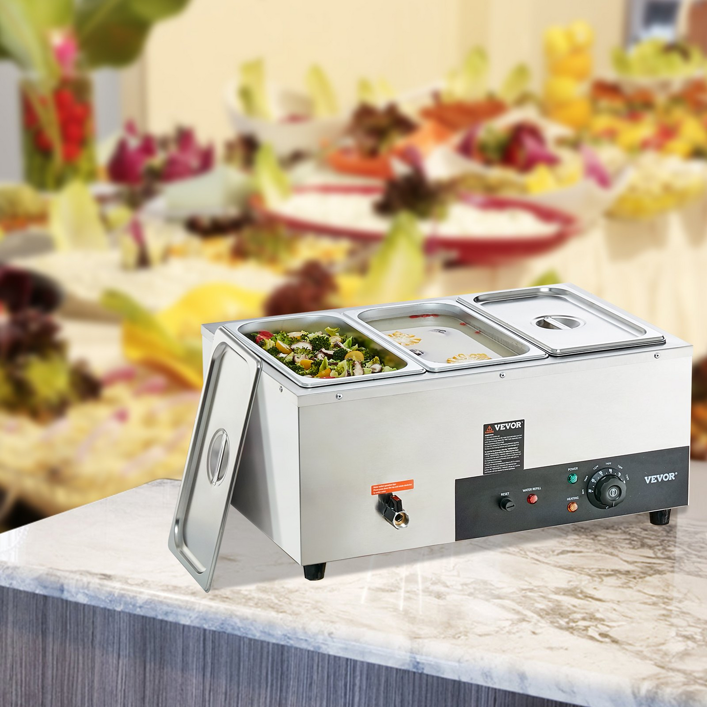 VEVOR 3-Pan Commercial Food Warmer, 3 x 8QT Electric Steam Table, 1500W Professional Countertop Stainless Steel Buffet Bain Marie with 86-185°F Temp Control for Catering and Restaurants, Silver