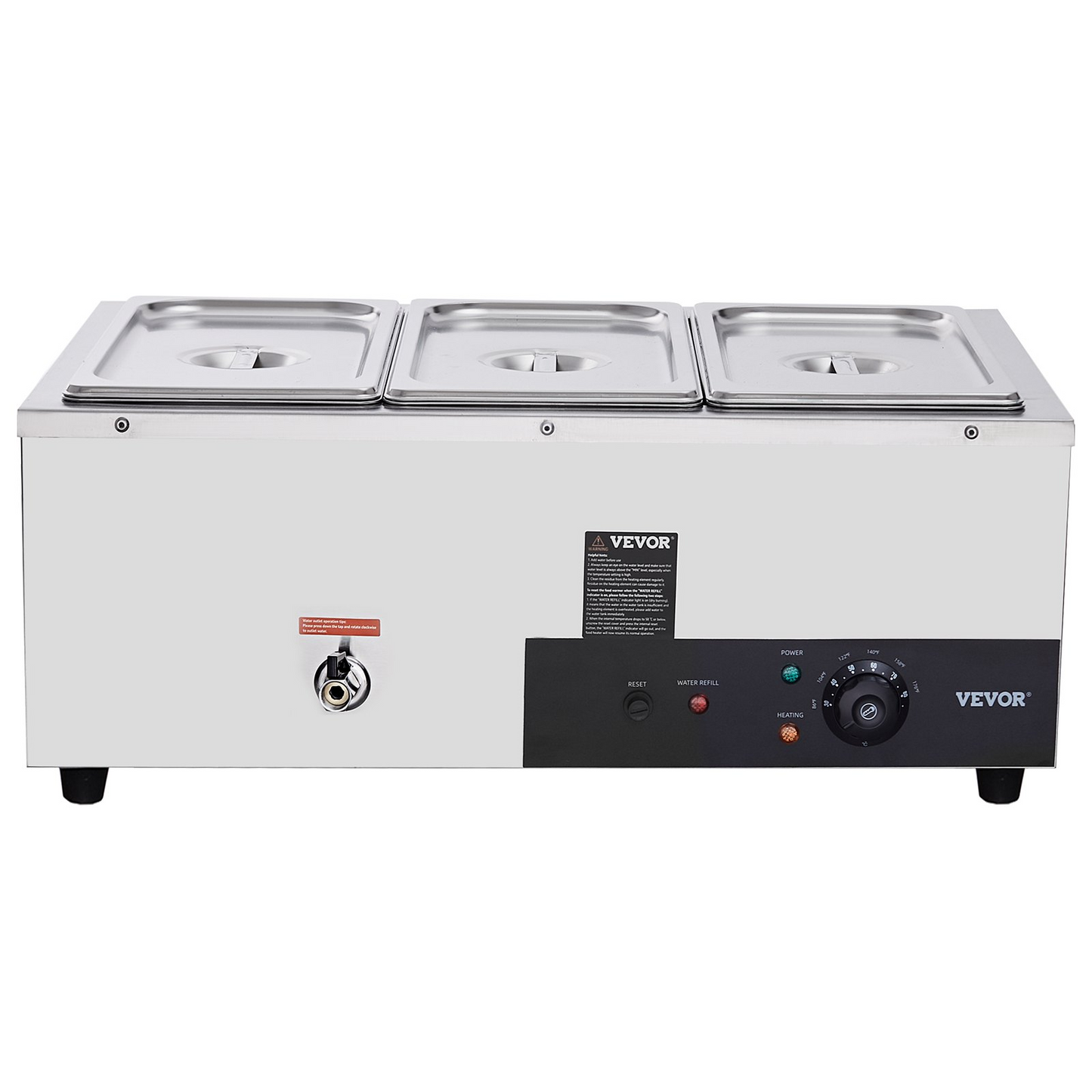 VEVOR 3-Pan Commercial Food Warmer, 3 x 8QT Electric Steam Table, 1500W Professional Countertop Stainless Steel Buffet Bain Marie with 86-185°F Temp Control for Catering and Restaurants, Silver