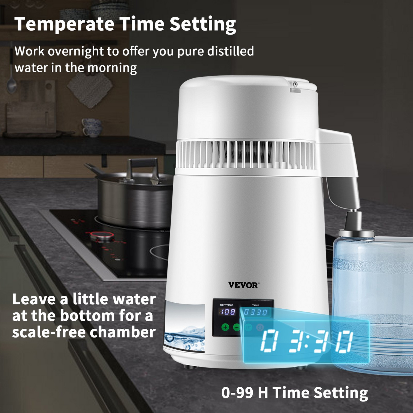 VEVOR 1.1Gal Water Distiller, 0.3Gal/H, 750W Distilled Water Maker Machine 0-99H Timing Set Temp Display, 304 Stainless Steel Countertop Distiller Plastic Carafe Cleaning Powder 3 Carbon Packs, White