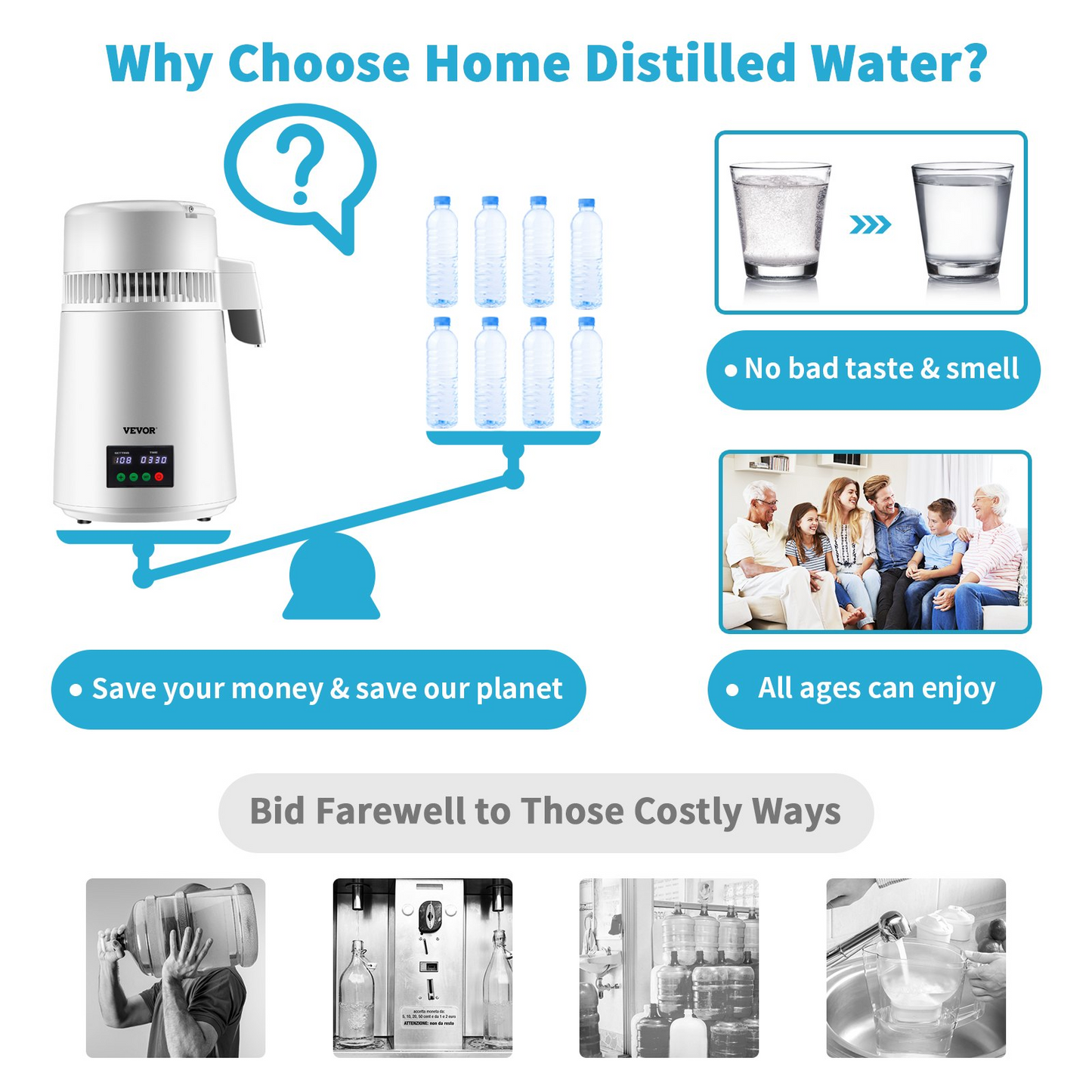 VEVOR 1.1Gal Water Distiller, 0.3Gal/H, 750W Distilled Water Maker Machine 0-99H Timing Set Temp Display, 304 Stainless Steel Countertop Distiller Plastic Carafe Cleaning Powder 3 Carbon Packs, White