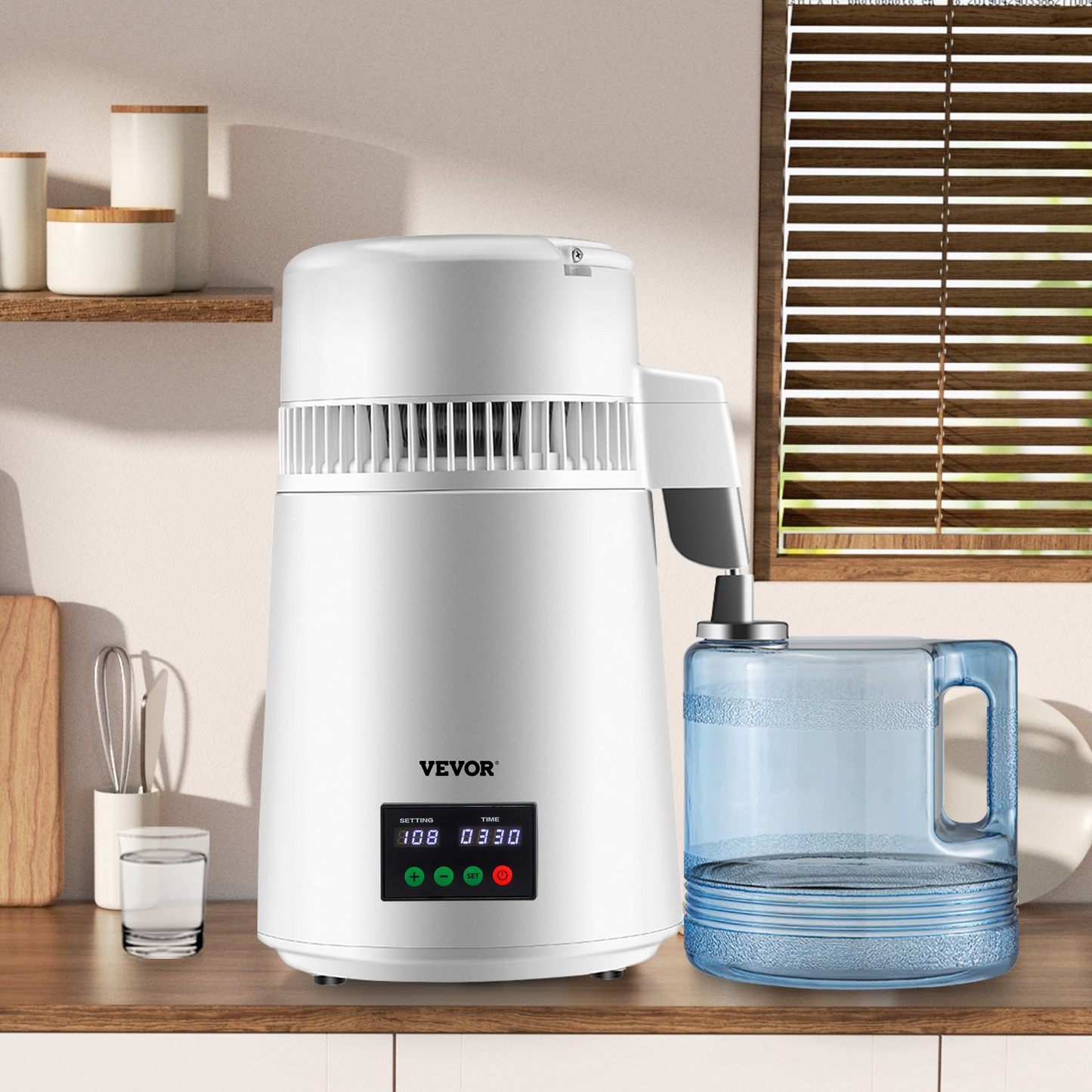 VEVOR 1.1Gal Water Distiller, 0.3Gal/H, 750W Distilled Water Maker Machine 0-99H Timing Set Temp Display, 304 Stainless Steel Countertop Distiller Plastic Carafe Cleaning Powder 3 Carbon Packs, White