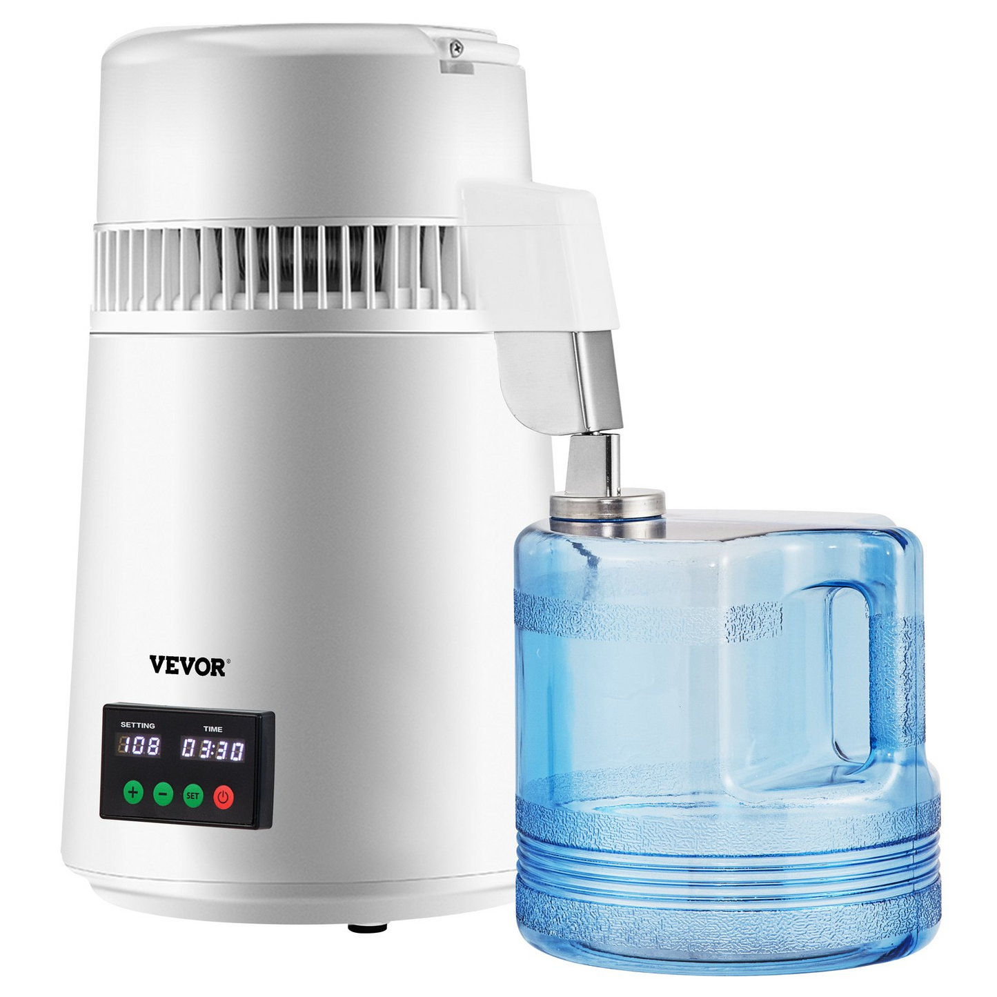 VEVOR 1.1Gal Water Distiller, 0.3Gal/H, 750W Distilled Water Maker Machine 0-99H Timing Set Temp Display, 304 Stainless Steel Countertop Distiller Plastic Carafe Cleaning Powder 3 Carbon Packs, White