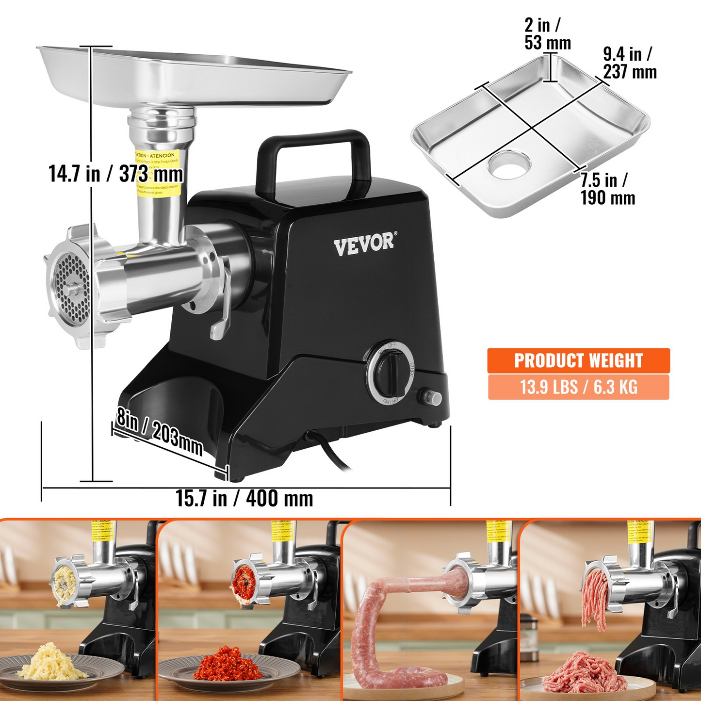 VEVOR Electric Meat Grinder, 419 Lb/H Capacity, 575W(1100W MAX) Industrial Meat Mincer w/ 2 Blade, 3 Grinding Plates, Sausage Maker Die-cast Aluminum Commercial Meat Grinder, ETL Listed