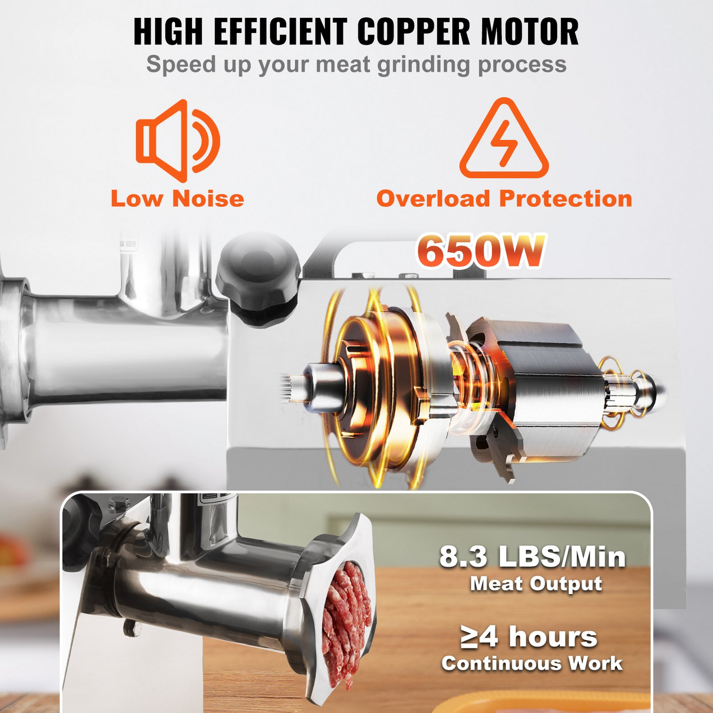 VEVOR Electric Meat Grinder, 8.3 Lb/Min, 650W(3800W MAX) Industrial Meat Mincer with 2 Blade, 3 Grinding Plates, Sausage Kit 304 Stainless Steel Commercial Meat Grinder, ETL Listed