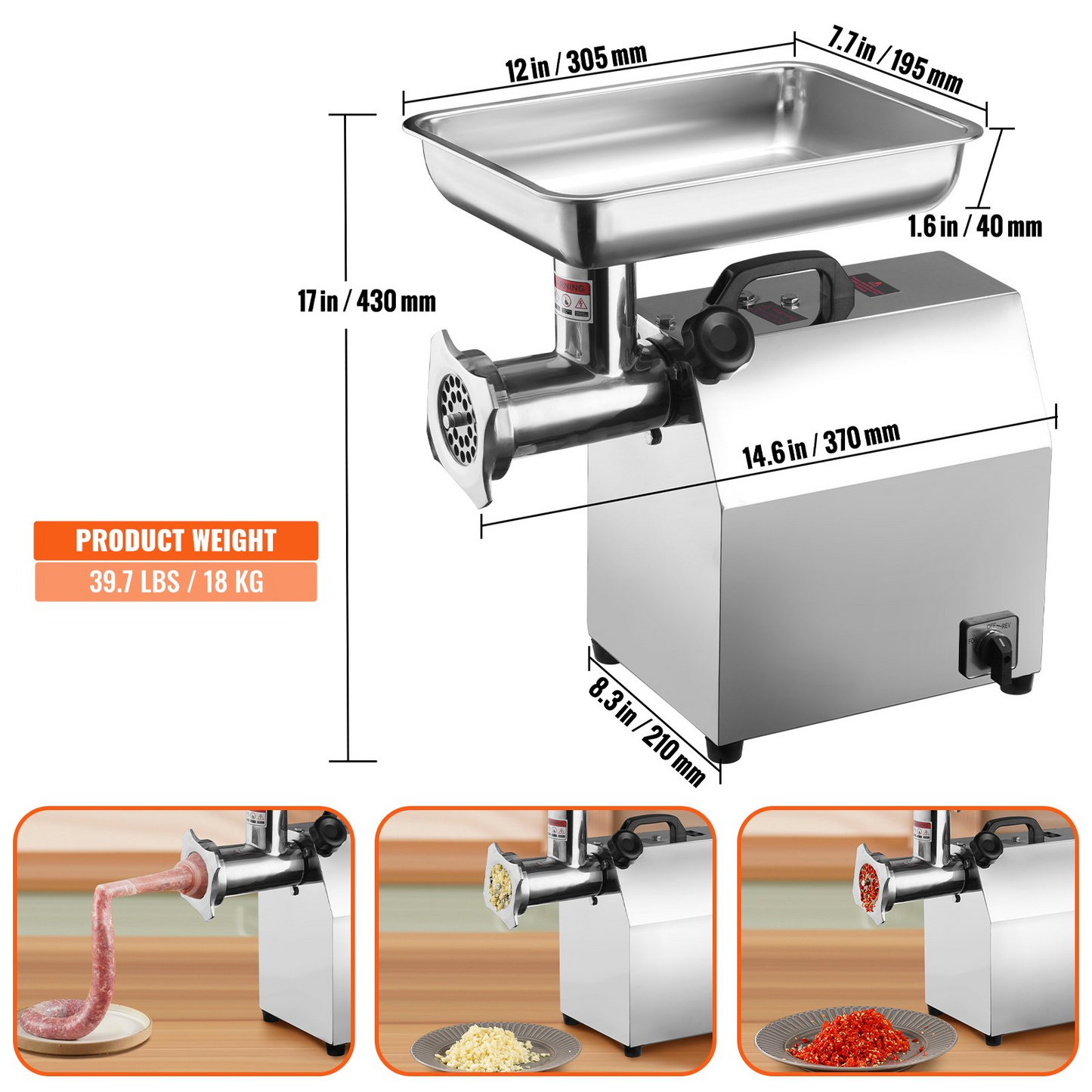 VEVOR Electric Meat Grinder, 8.3 Lb/Min, 650W(3800W MAX) Industrial Meat Mincer with 2 Blade, 3 Grinding Plates, Sausage Kit 304 Stainless Steel Commercial Meat Grinder, ETL Listed