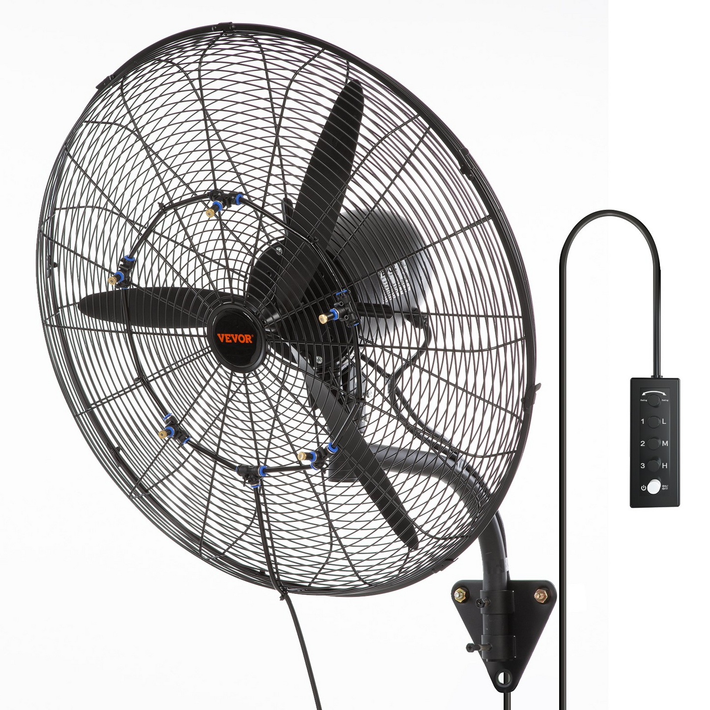 VEVOR Wall-Mount Misting Fan, 24 Inch, 3-speed High Velocity Max. 7000 CFM, Waterproof Oscillating Industrial Wall Fan, Commercial or Residential for Warehouse, Greenhouse, Workshop, Black, ETL Listed