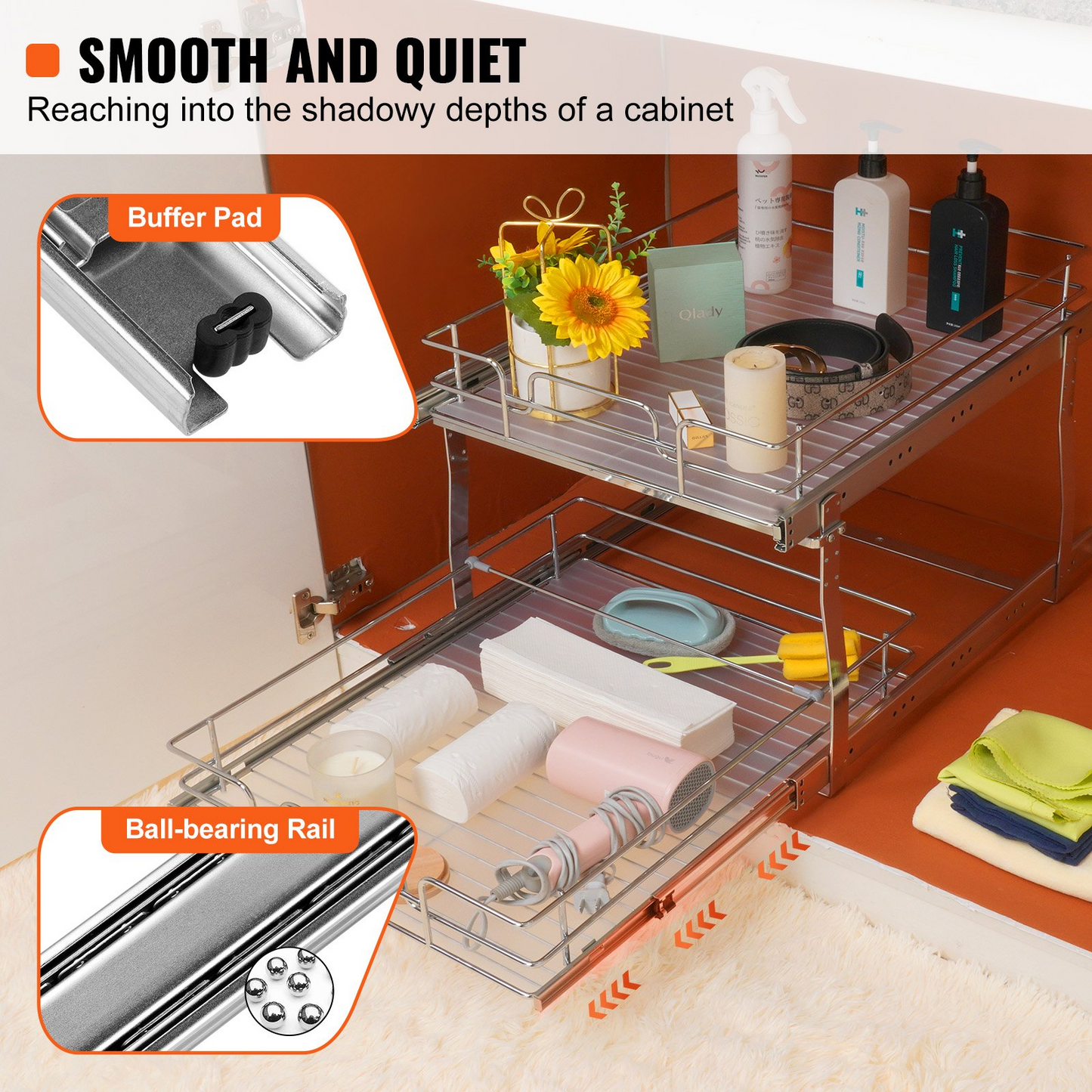 VEVOR 2 Tier 19"W x 20"D Pull Out Cabinet Organizer, Heavy Duty Slide Out Pantry Shelves, Chrome-Plated Steel Roll Out Drawers, Sliding Drawer Storage for Inside Kitchen Cabinet, Bathroom, Under Sink