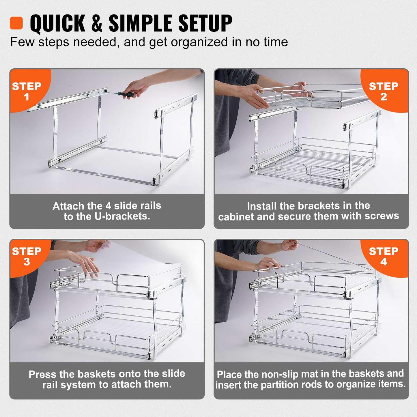 VEVOR 2 Tier 19"W x 20"D Pull Out Cabinet Organizer, Heavy Duty Slide Out Pantry Shelves, Chrome-Plated Steel Roll Out Drawers, Sliding Drawer Storage for Inside Kitchen Cabinet, Bathroom, Under Sink