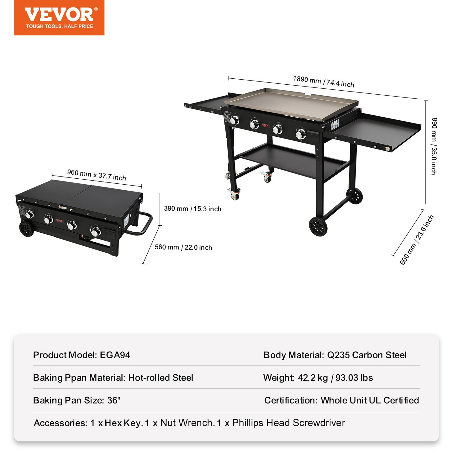 VEVOR Commercial Griddle on Cart, 36" Heavy Duty Manual Flat Top Griddle, Outdoor Cooking Station with Side Shelves, Steel LPG Gas Griddle, 4-Burners Restaurant Portable Grill - 60,000 BTU