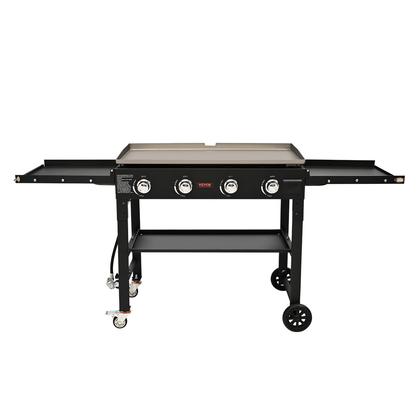VEVOR Commercial Griddle on Cart, 36" Heavy Duty Manual Flat Top Griddle, Outdoor Cooking Station with Side Shelves, Steel LPG Gas Griddle, 4-Burners Restaurant Portable Grill - 60,000 BTU