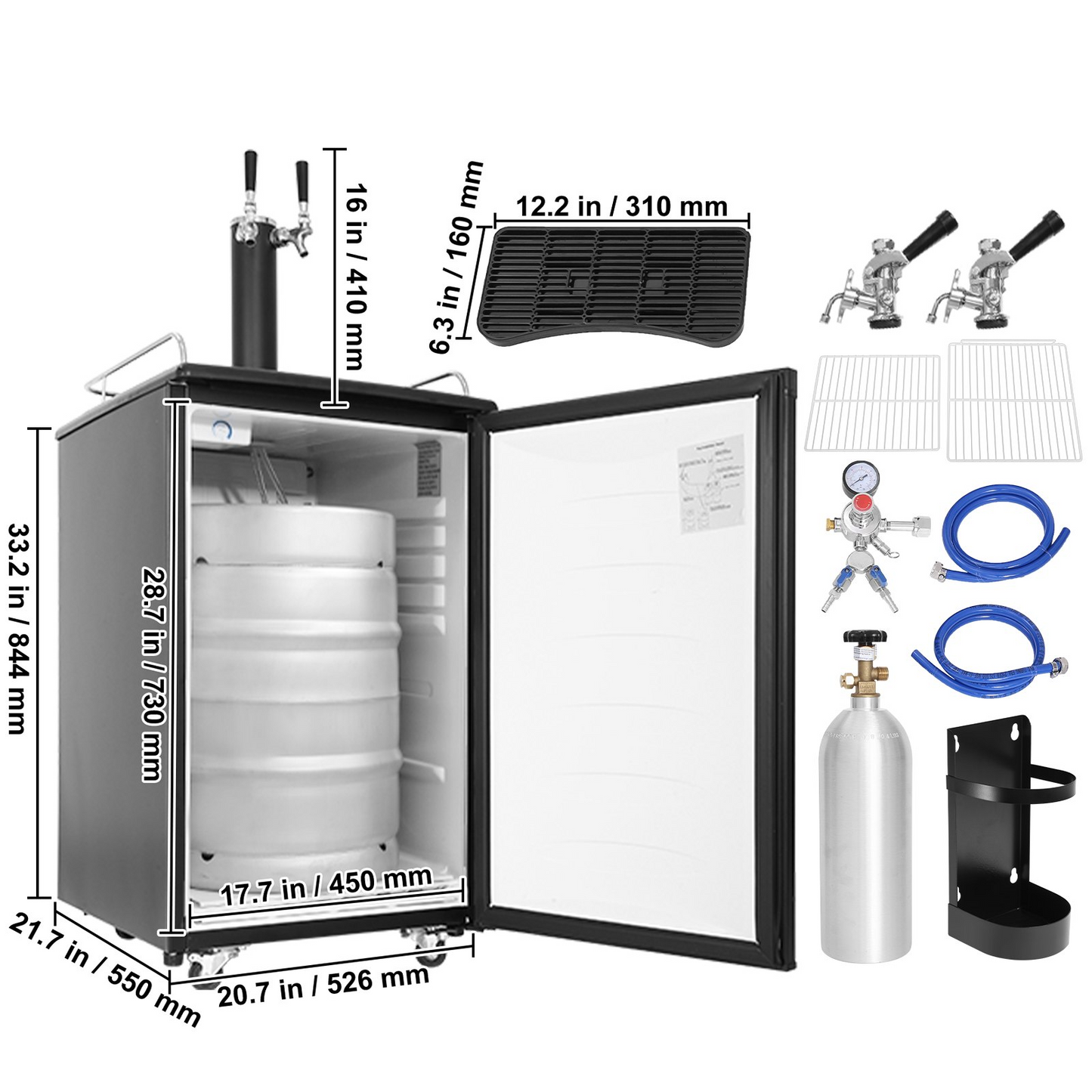 VEVOR Beer Kegerator, Dual Tap Draft Beer Dispenser, Full Size Keg Refrigerator With Shelves, CO2 Cylinder, Drip Tray & Rail, 32°F- 50°F Temperature Control, Holds 1/6, 1/4, 1/2 Barrels, Black