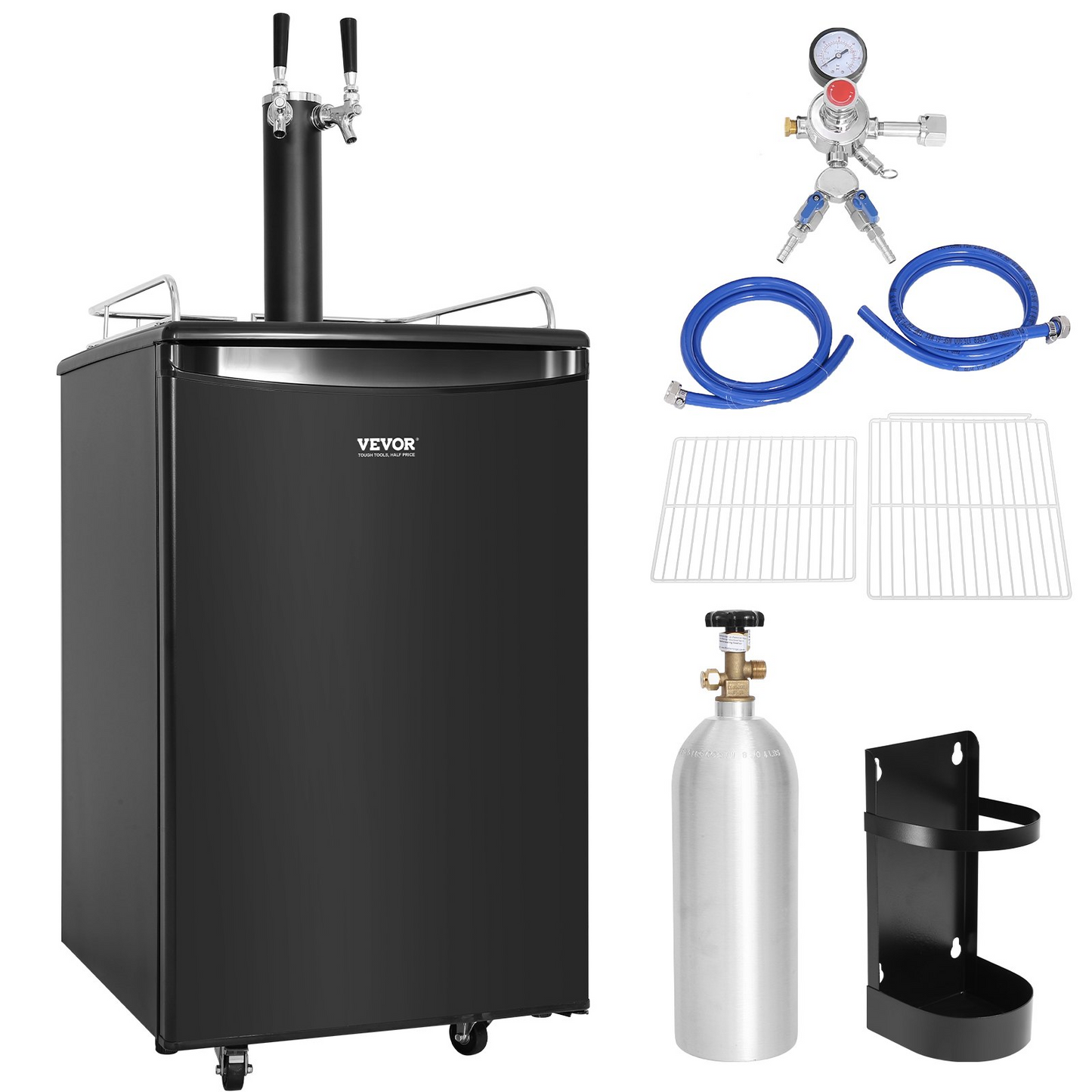 VEVOR Beer Kegerator, Dual Tap Draft Beer Dispenser, Full Size Keg Refrigerator With Shelves, CO2 Cylinder, Drip Tray & Rail, 32°F- 50°F Temperature Control, Holds 1/6, 1/4, 1/2 Barrels, Black