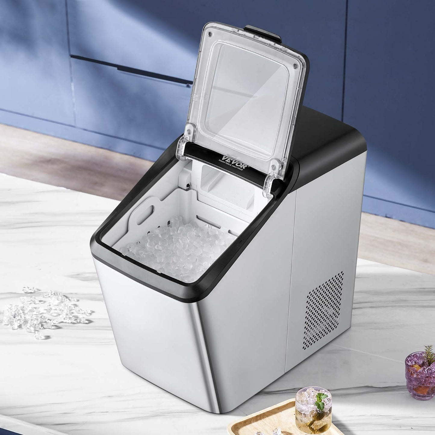 VEVOR Countertop Ice Maker, 30lbs in 24Hrs, Auto Self-Cleaning Portable Ice Maker with Ice Scoop, Basket and Drainpipe, 2 Ways Water Refill Stainless Steel Ice Machine for Home Kitchen Office Party