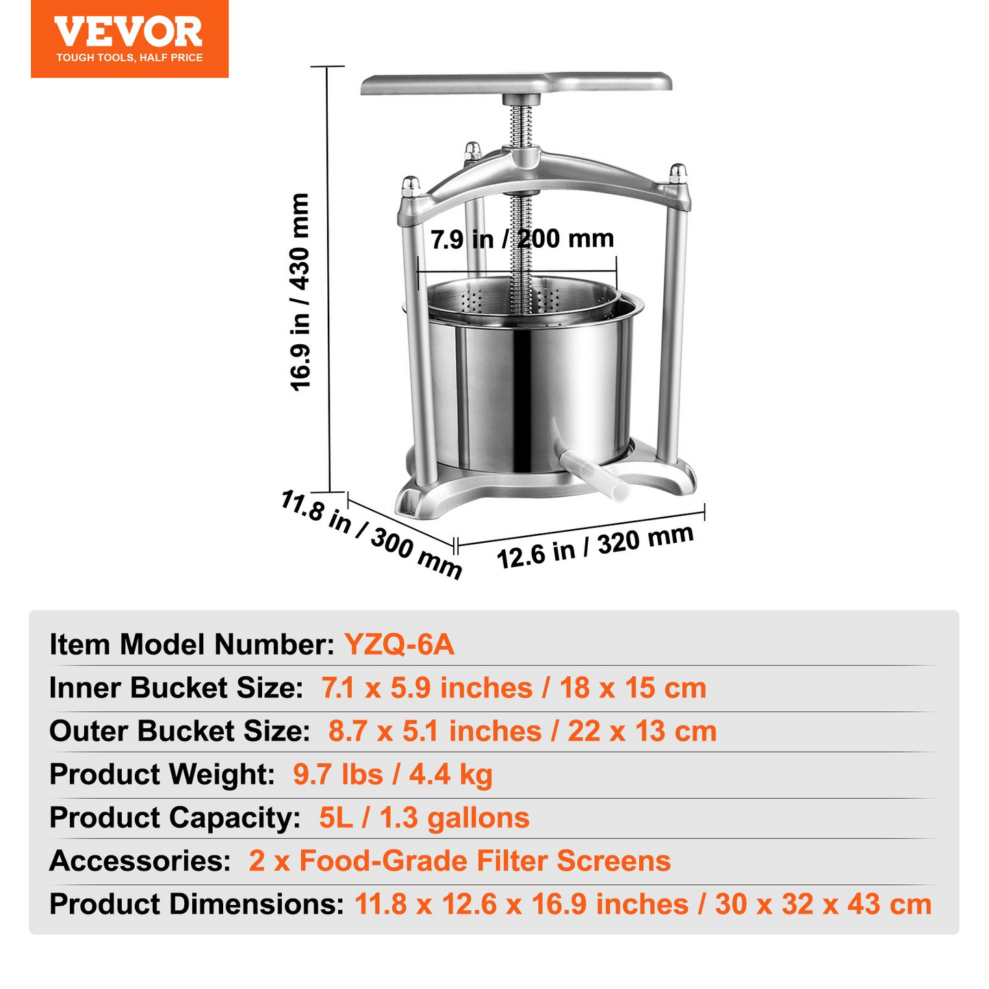 VEVOR Fruit Wine Press, 1.6 Gallon/6L, 2 Stainless Steel Barrels, Manual Juice Maker, Cider Apple Grape Tincture Vegetables Honey Olive Oil Making Press with T-Handle, Triangular Structure for Kitchen
