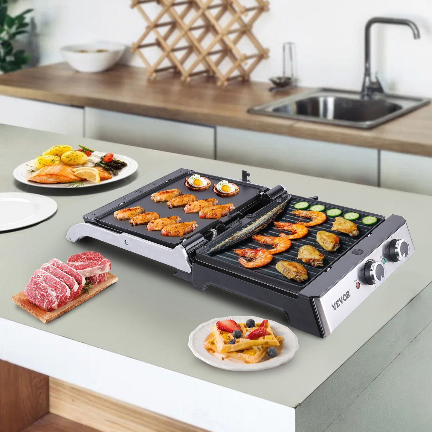 VEVOR Commercial Electric Griddle, 14.5" 1500W Indoor Countertop Grill, Stainless Steel Restaurant Teppanyaki Grill with Non Stick Iron Cooking Plate, 0-446℉ Adjustable Temperature Control, 120V