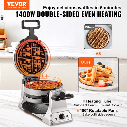VEVOR 2-Layer Waffle Maker, 2 Pieces per Batch, 1400W Round Waffle Iron, Non-Stick Waffle Baker Machine with 122-572℉ / 50-300℃ Temp Range Teflon-Coated Baking Pans Stainless Steel Body, 120V