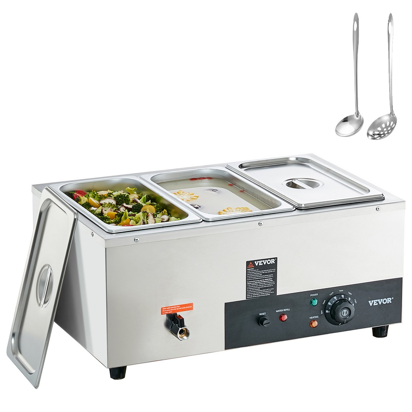 VEVOR 3-Pan Commercial Food Warmer, 3 x 8QT Electric Steam Table, 1500W Professional Countertop Stainless Steel Buffet Bain Marie with 86-185°F Temp Control for Catering and Restaurants, Silver