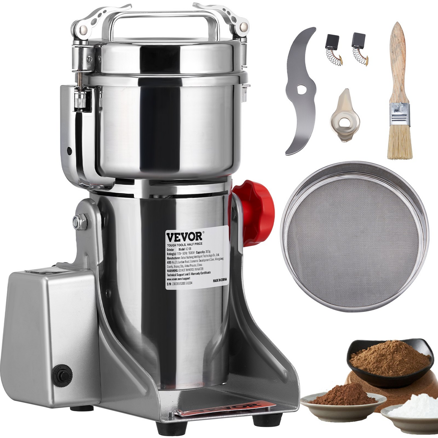 VEVOR 700g Electric Grain Mill Grinder, High Speed 2500W Commercial Spice Grinders, Stainless Steel Pulverizer Powder Machine, for Dry Herbs Grains Spices Cereals Coffee Corn Pepper, Swing Type