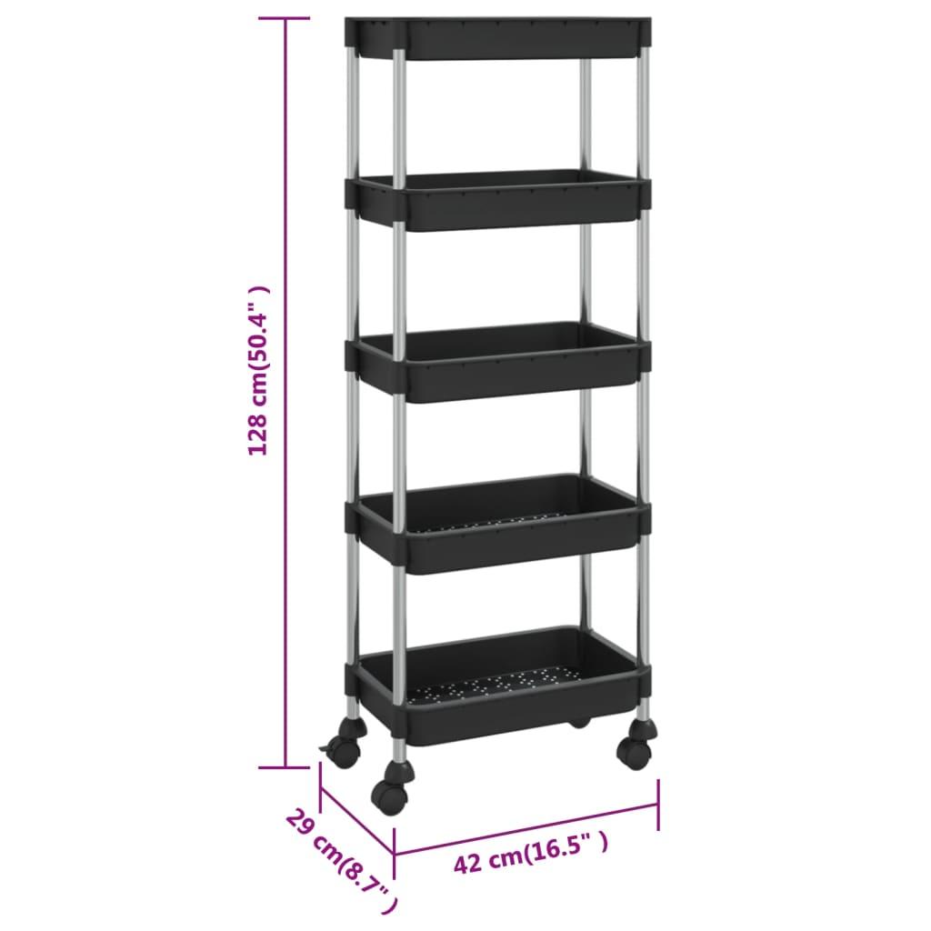 vidaXL 5-Tier Kitchen Trolley Black 16.5"x11.4"x50.4" Iron and ABS