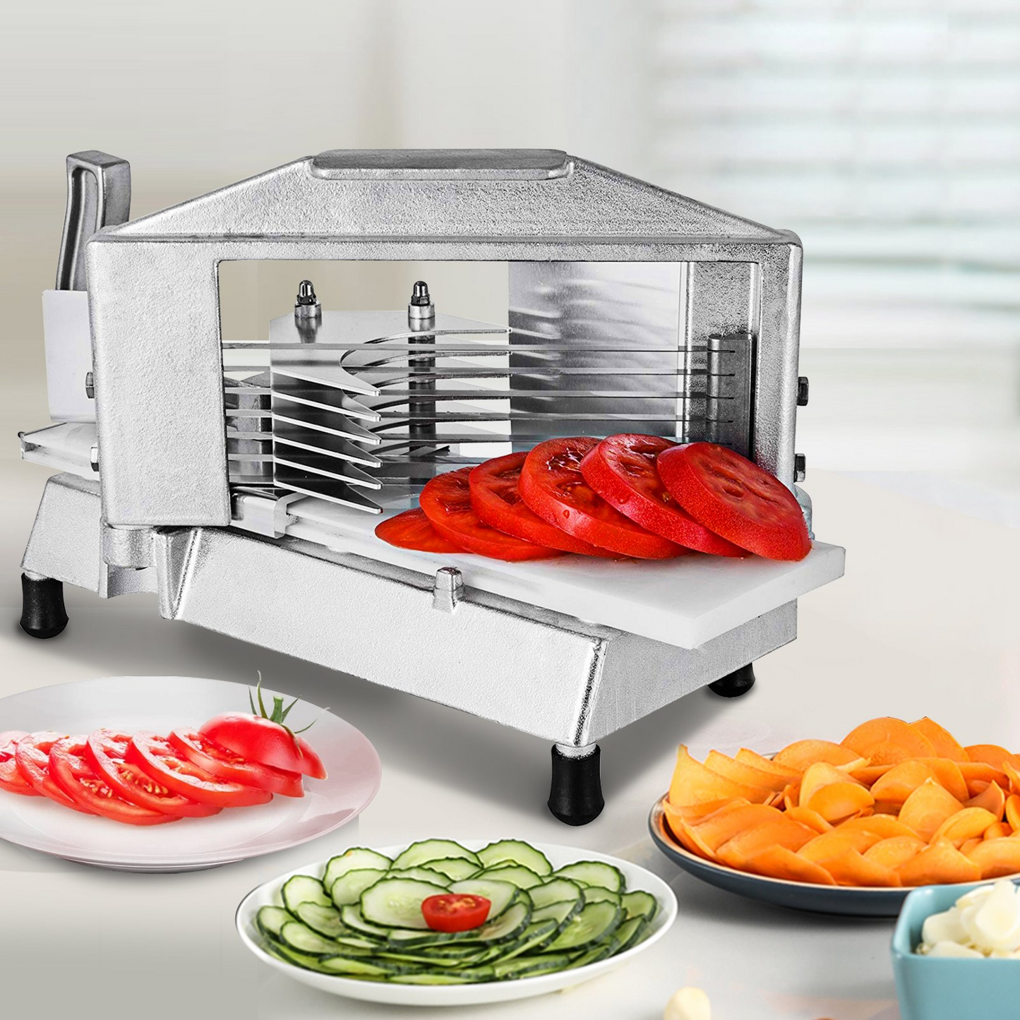 VEVOR Commercial Tomato Slicer 3/8" Heavy Duty Tomato Slicer Tomato Cutter with Built in Cutting Board for Restaurant or Home Use