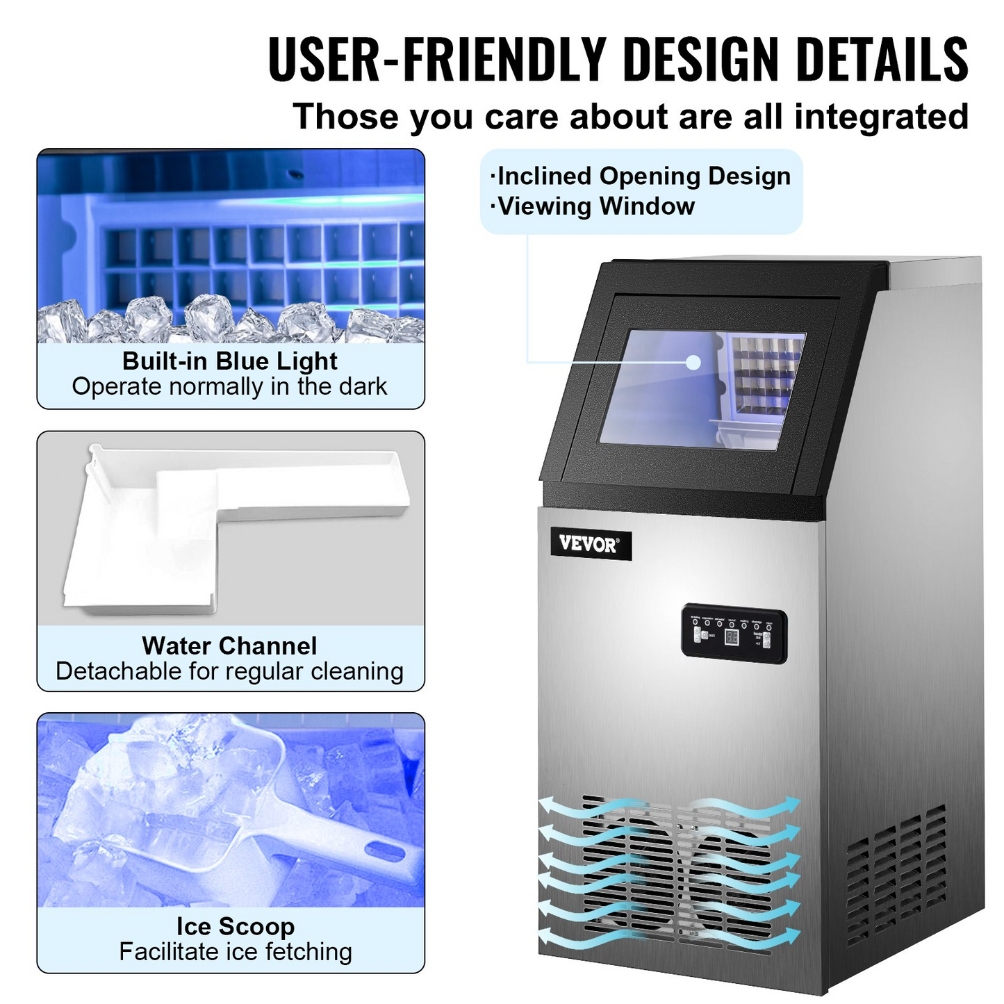VEVOR 110V Commercial Ice Maker 120LBS/24H with 22LBs Storage Ice Maker Machine Stainless Steel Portable Automatic Ice Machine with Scoop and Connection Hoses Perfect for Restaurants Bars Cafe