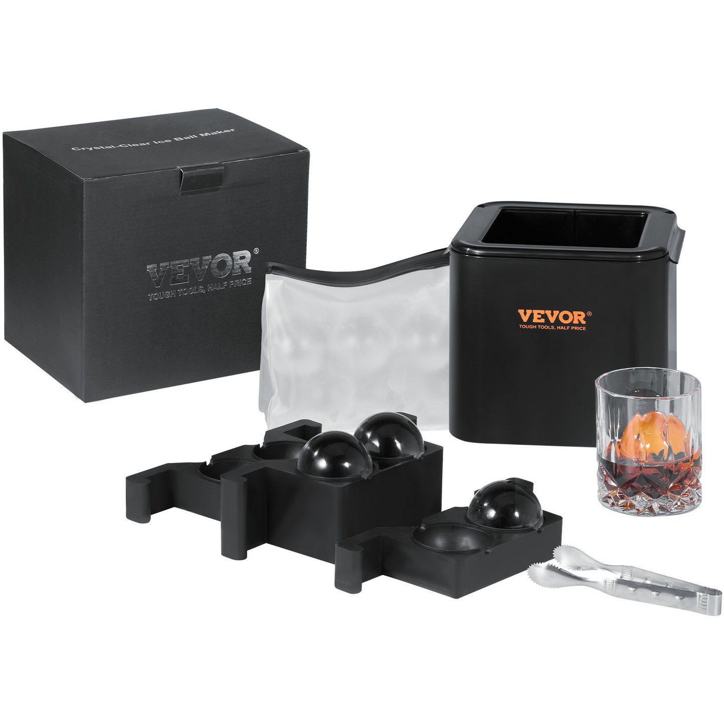 VEVOR Ice Ball Maker, Crystal Clear Ice Ball Maker 2.36inch Ice Sphere with Storage Bag and Ice Clamp, Round Clear Ice Cube 4-Cavity Ice Press Maker Whiskey Scotch Cocktail Brandy Bourbon