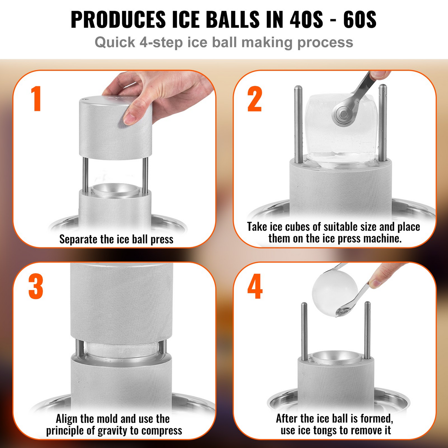 VEVOR Ice Ball Press, 2.4" Ice Ball Maker, Aircraft Al Alloy Ice Ball Press Kit for 60mm Ice Sphere, Ice Press with Tong and Drip Tray, for Whiskey, Cocktail, Bourbon, Scot on Party & Holiday, Silver