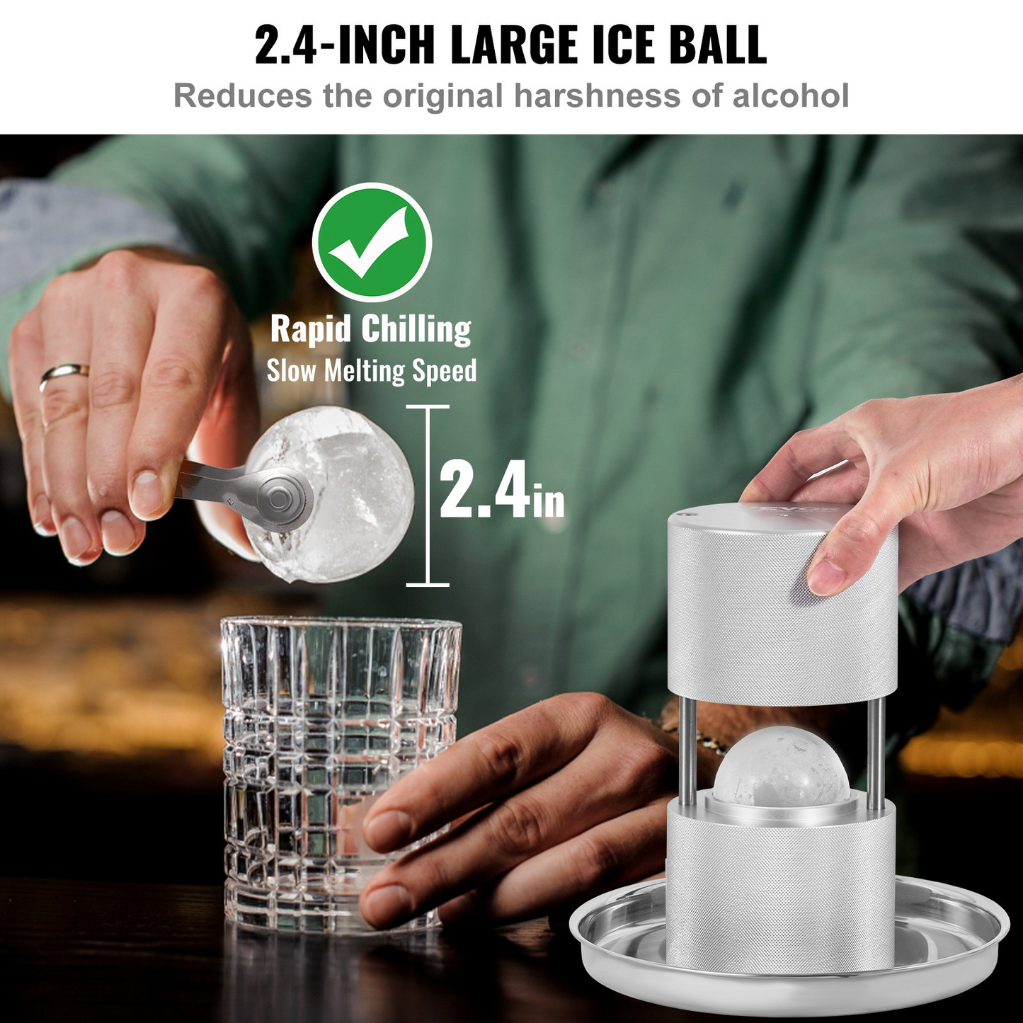 VEVOR Ice Ball Press Kit, Aircraft Al Alloy Ice Press with Ice Block Mold, Large Mat, Tong, Drip Tray, One Glass, Round Ice Ball Maker 2.4"/60 mm Ice Sphere, for Whiskey, Cocktail on Party & Holiday
