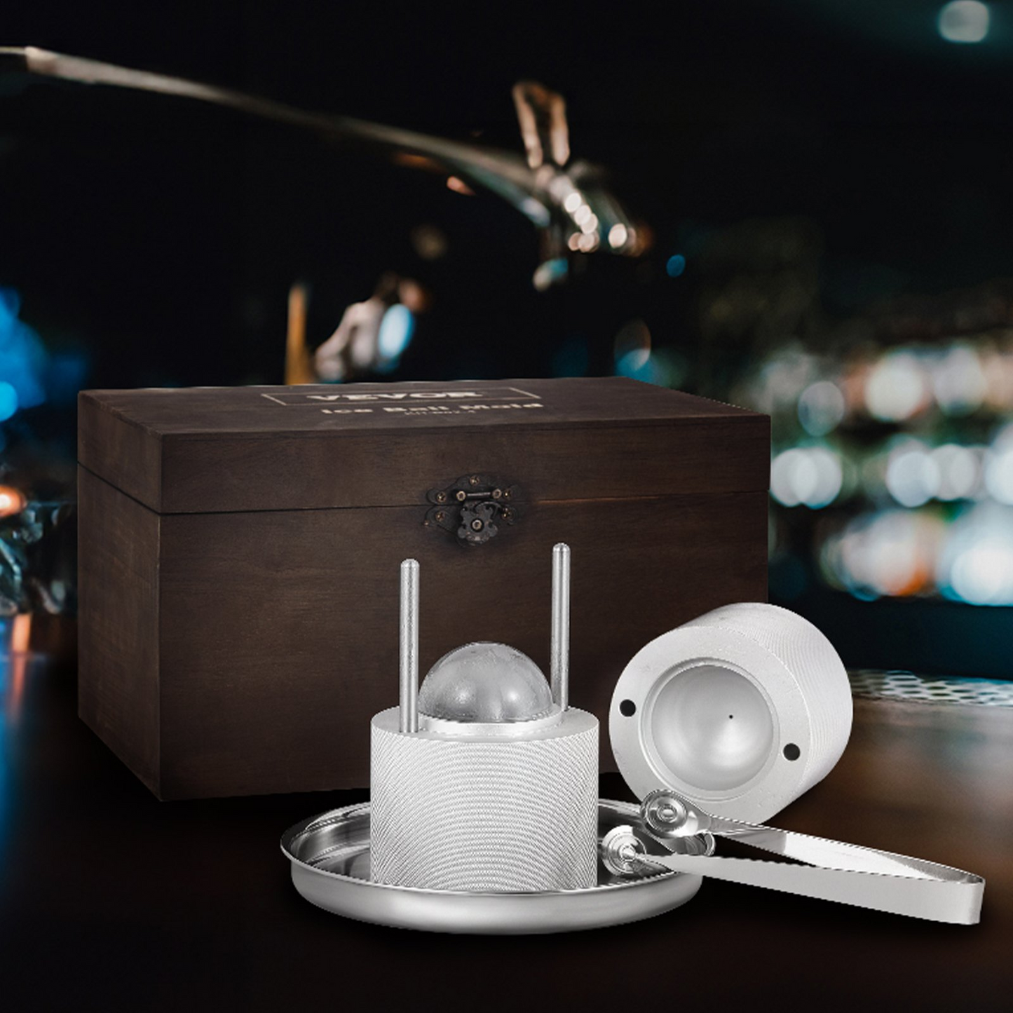 VEVOR Ice Ball Press Kit, Aircraft Al Alloy Ice Press with Ice Block Mold, Large Mat, Tong, Drip Tray, One Glass, Round Ice Ball Maker 2.4"/60 mm Ice Sphere, for Whiskey, Cocktail on Party & Holiday