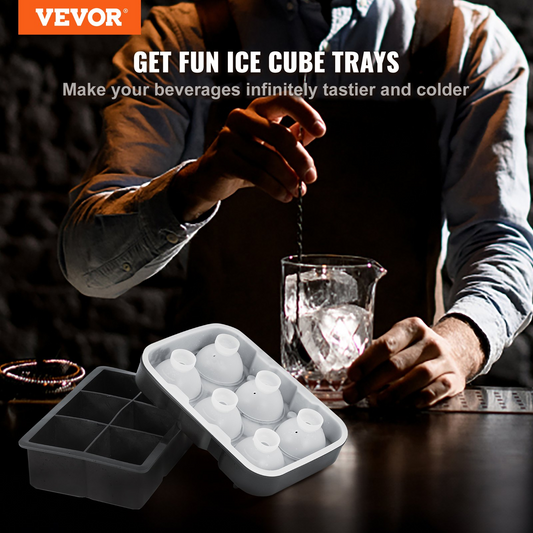 VEVOR Ice Cube Trays (Set of 2), 2-in-1 Combo with Silicone Sphere Ice Ball Maker & Large Square Ice Cube Maker with Lid, Reusable Easy Release BPA Free Ice Tray Set for Whiskey Cocktails Bourbon