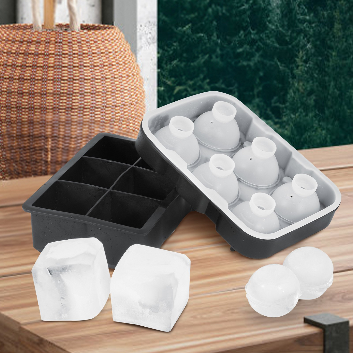 VEVOR Ice Cube Trays (Set of 2), 2-in-1 Combo with Silicone Sphere Ice Ball Maker & Large Square Ice Cube Maker with Lid, Reusable Easy Release BPA Free Ice Tray Set for Whiskey Cocktails Bourbon