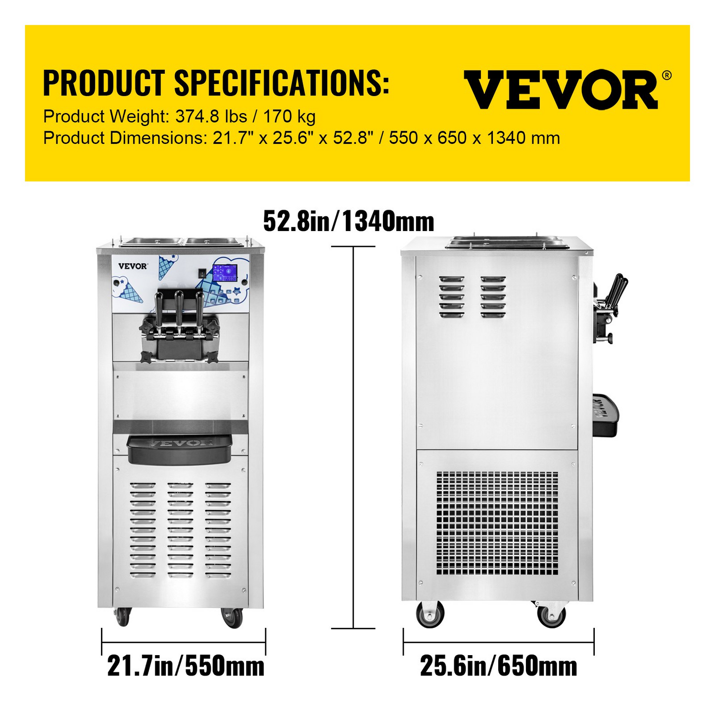 VEVOR Commercial Ice Cream Machine with Two 12L Hoppers Soft Serve Machine with 3 Flavors Commercial Ice Cream Maker 2500W Compressor Soft Ice Cream Machine with LCD Panel for Restaurants Snack Bar