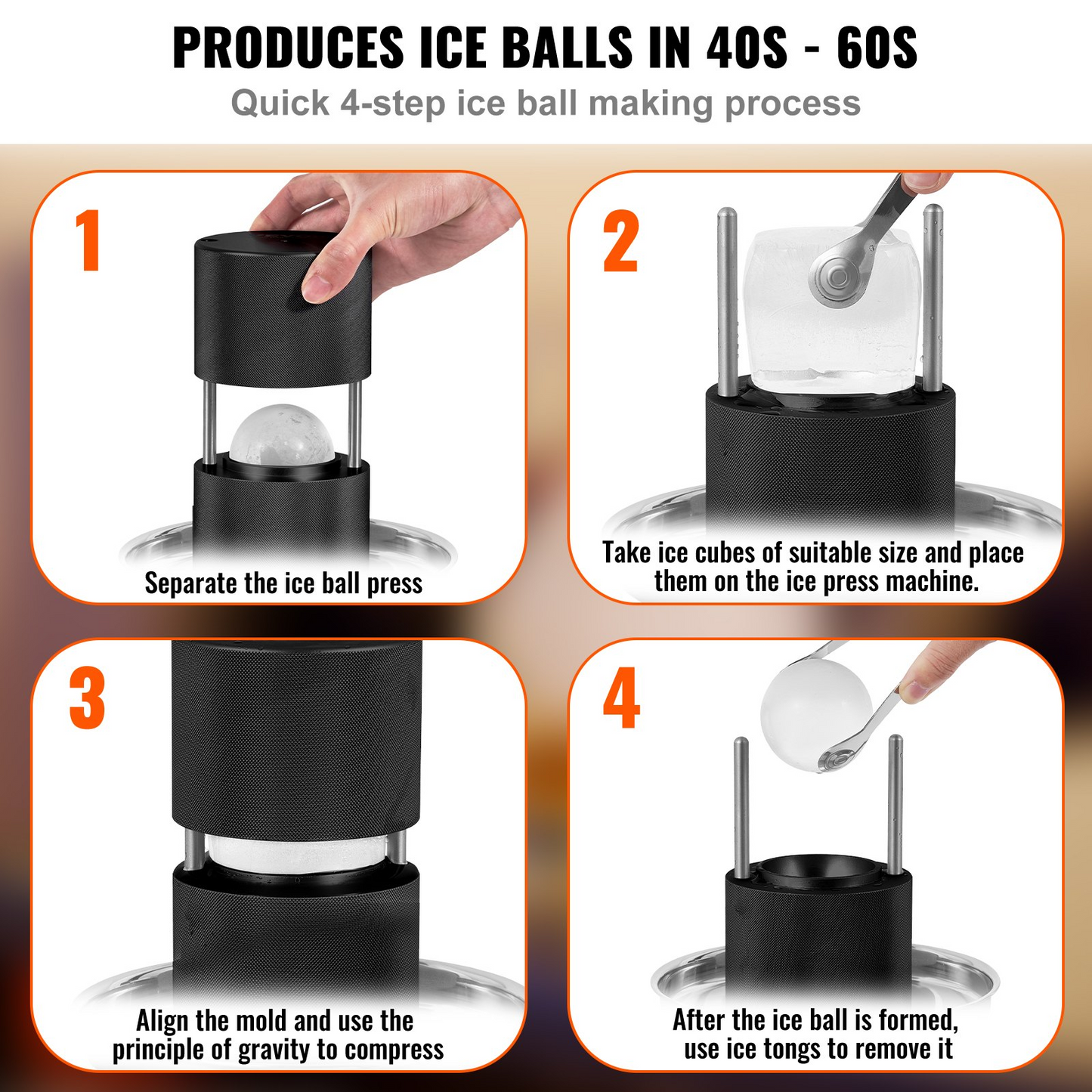 VEVOR Ice Ball Press, 2.4" Ice Ball Maker, Aircraft Al Alloy Ice Ball Press Kit for 60mm Ice Sphere, Ice Press with Tong and Drip Tray, for Whiskey, Cocktail, Bourbon, Scot on Party & Holiday, Black