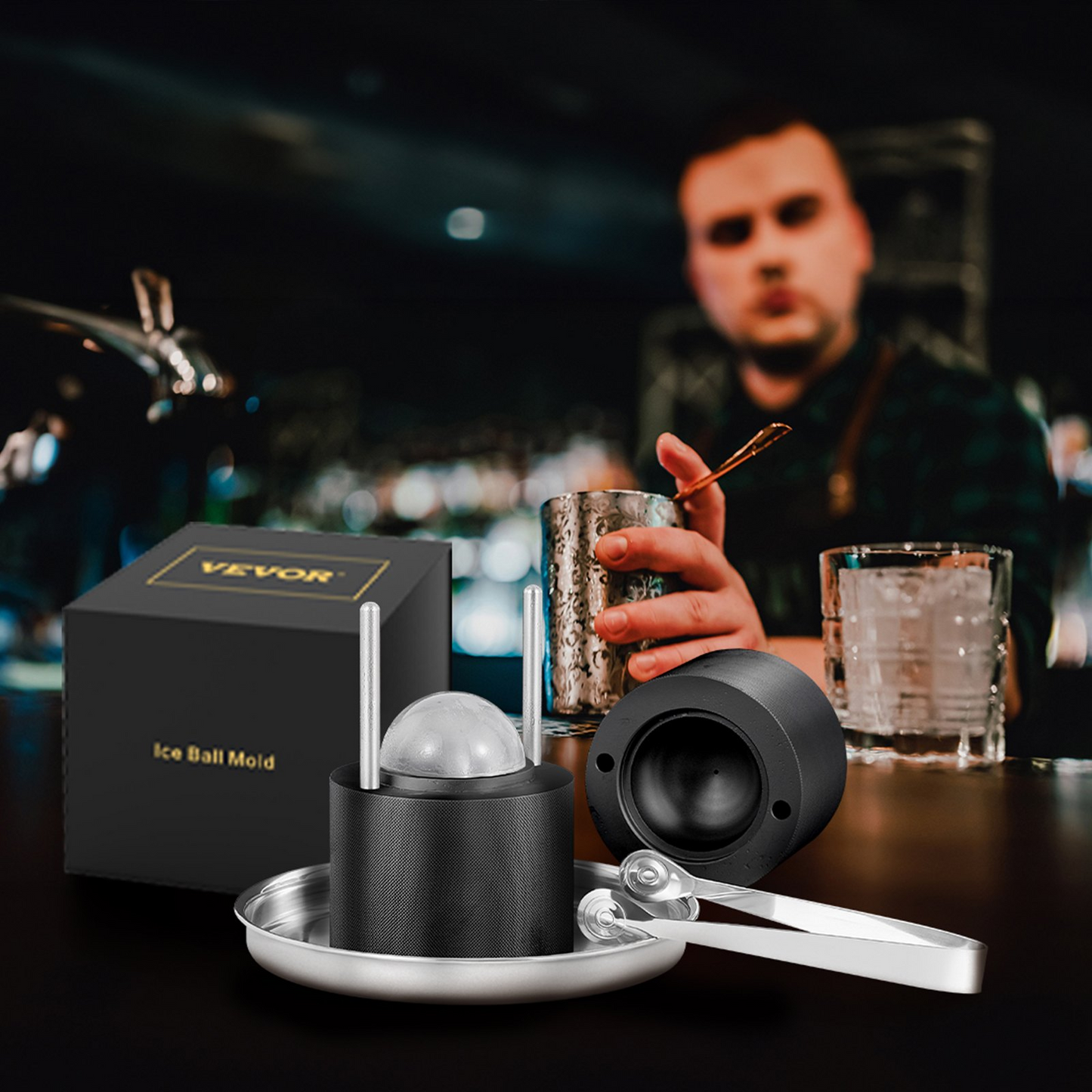 VEVOR Ice Ball Press, 2.4" Ice Ball Maker, Aircraft Al Alloy Ice Ball Press Kit for 60mm Ice Sphere, Ice Press with Tong and Drip Tray, for Whiskey, Cocktail, Bourbon, Scot on Party & Holiday, Black