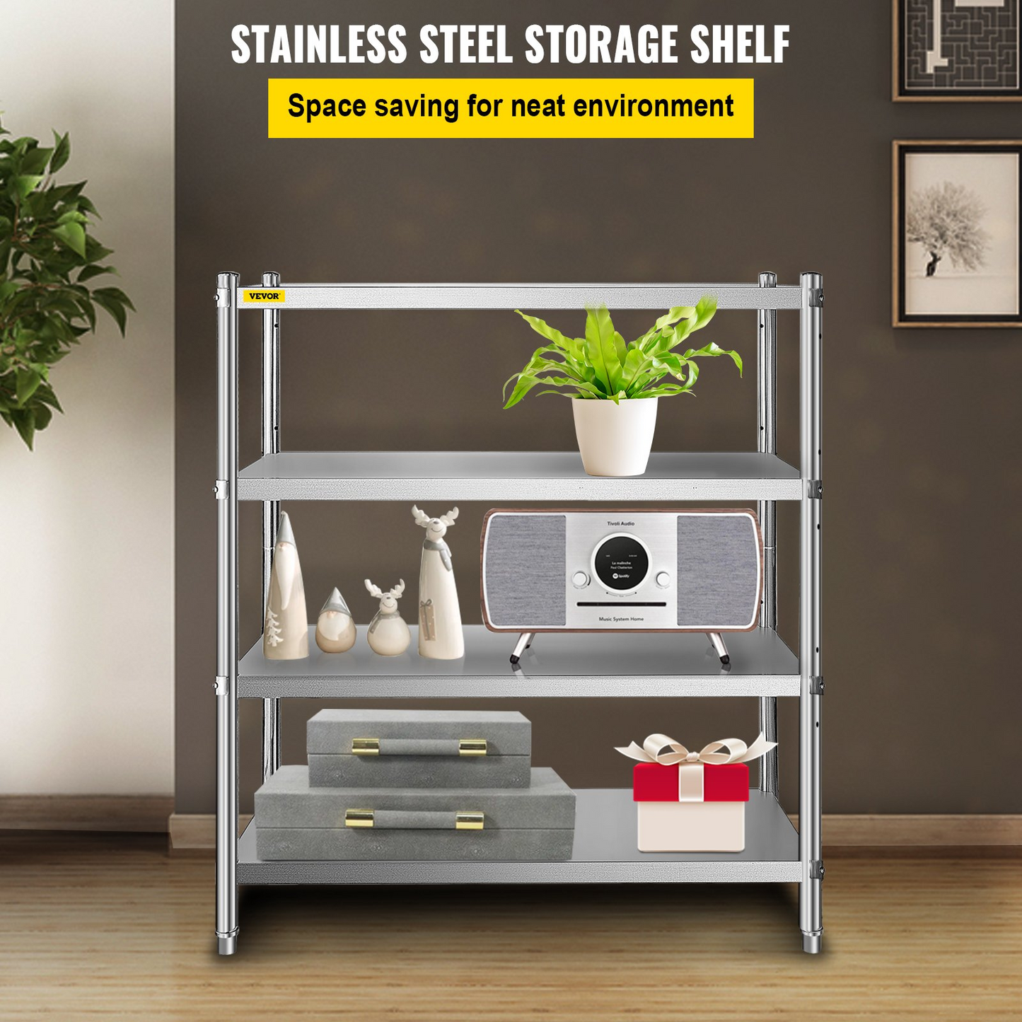 VEVOR Stainless Steel Shelving 46.8x18.5 Inch 4 Tier Adjustable Shelf Storage Unit Stainless Steel Heavy Duty Shelving for Kitchen Commercial Office Garage Storage 330lb Per Shelf
