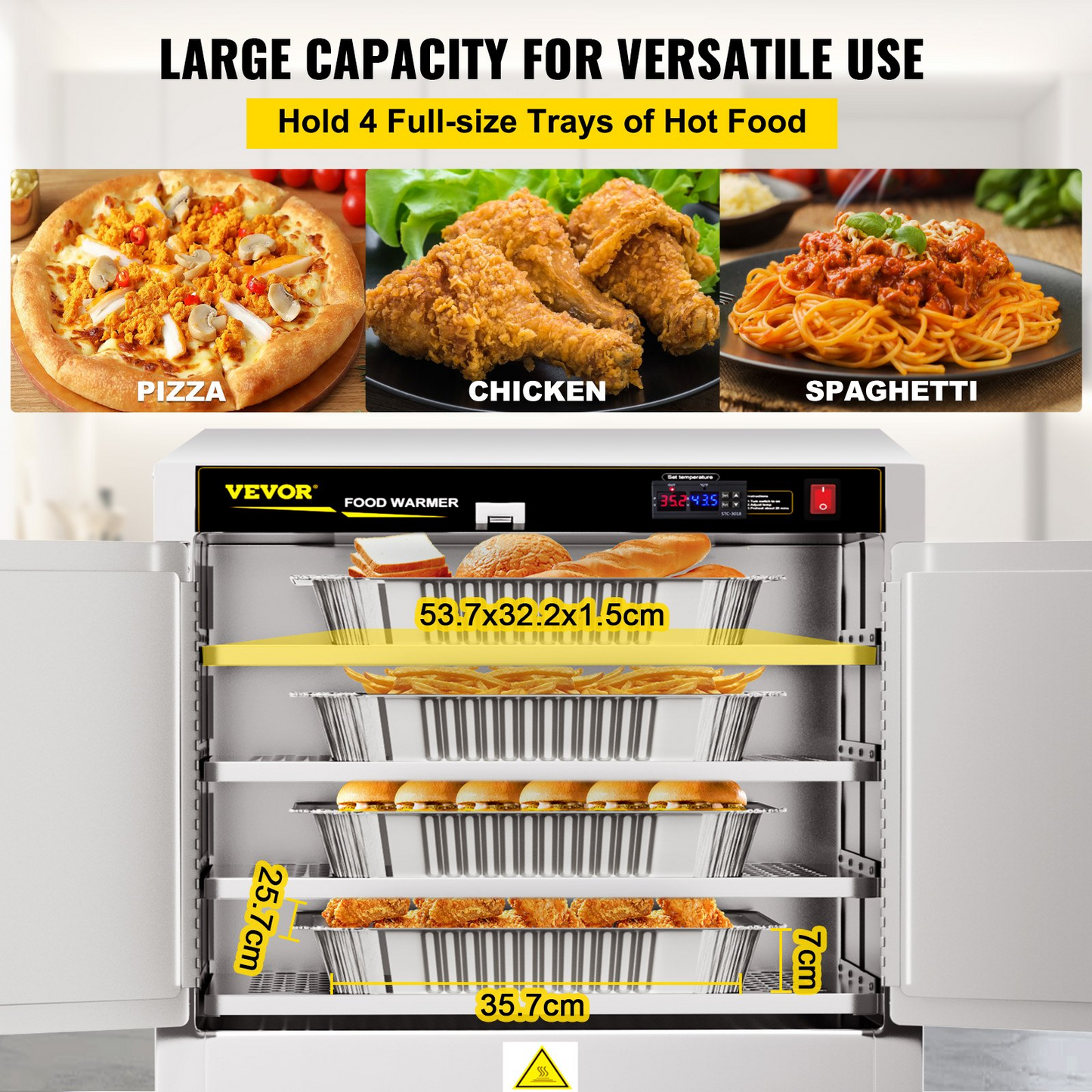 VEVOR Hot Box Food Warmer, 25"x15"x24" Concession Warmer with Water Tray, Four Disposable Catering Pans, Countertop Pizza, Patty, Pastry, Empanada, Concession Hot Food Hold Tested to UL Standards