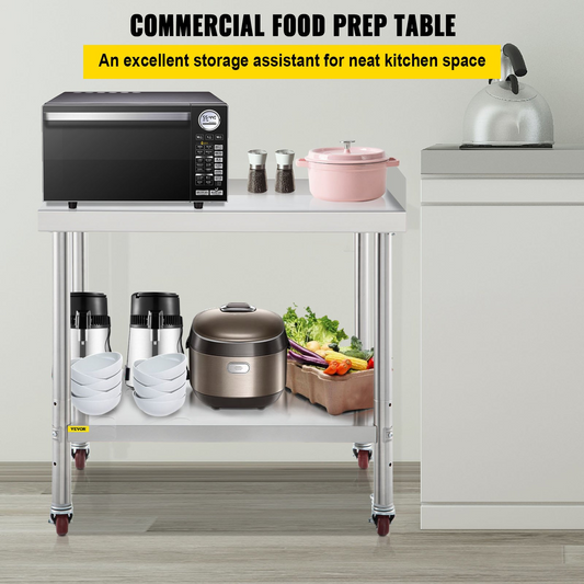 VEVOR Stainless Steel Prep Table, 24 x 15 x 35 Inch, 440lbs Load Capacity Heavy Duty Metal Worktable with Backsplash Adjustable Undershelf & 4 Casters, Commercial Workstation for Kitchen Restaurant