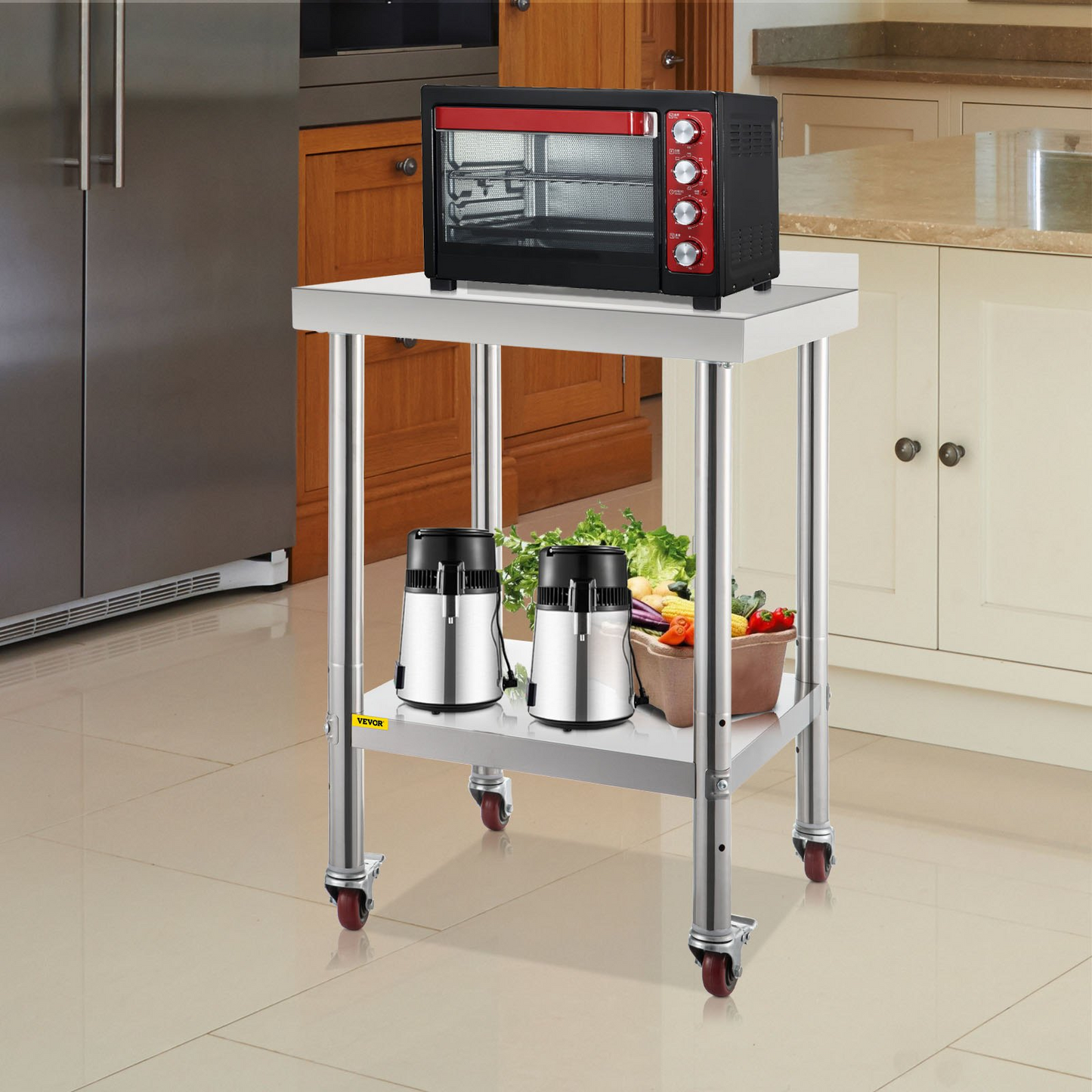 VEVOR Stainless Steel Prep Table, 24 x 24 x 35 Inch, 440lbs Load Capacity Heavy Duty Metal Worktable with Backsplash Adjustable Undershelf & 4 Casters, Commercial Workstation for Kitchen Restaurant