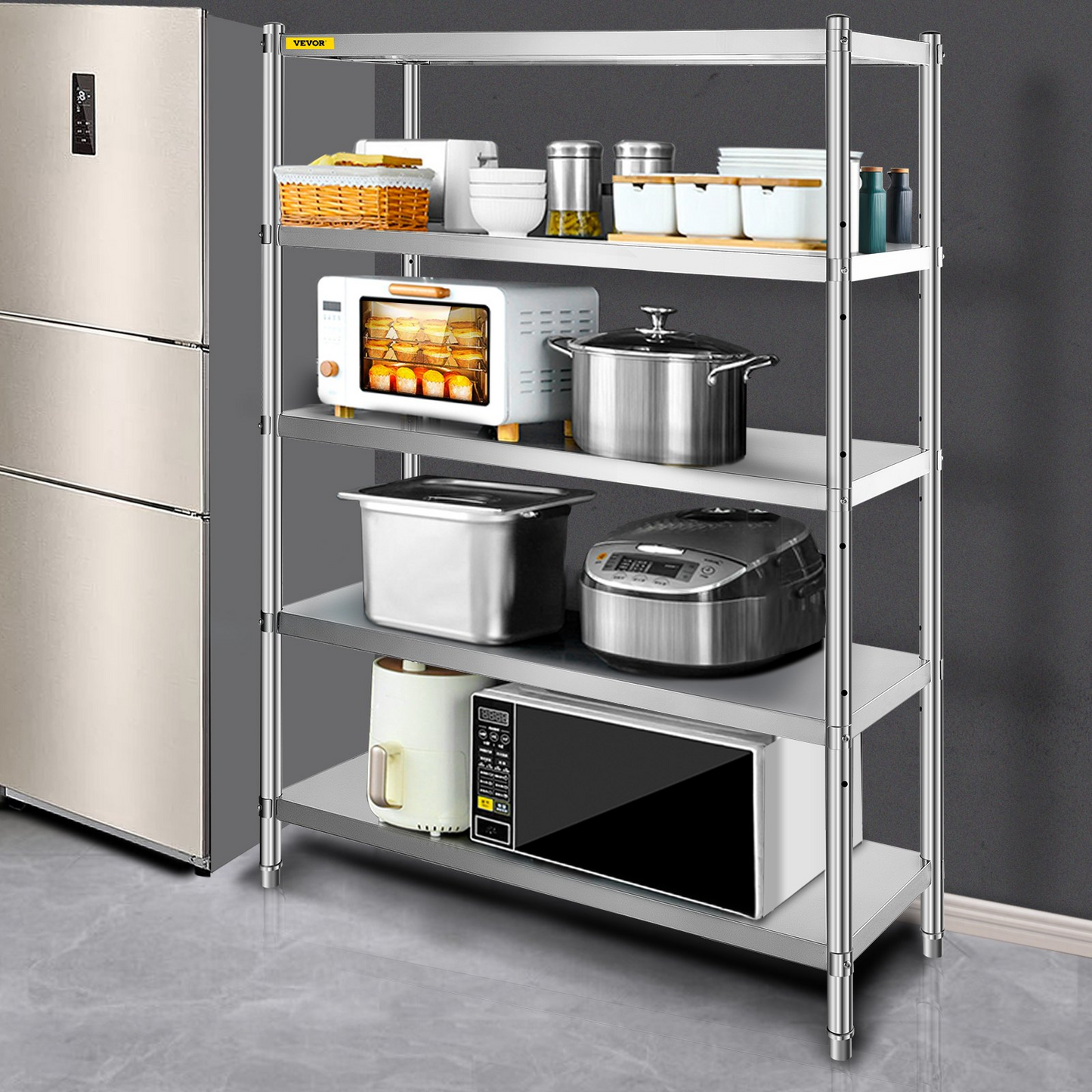 VEVOR Stainless Steel Shelves 47.5x18 Inch 5 Tier Adjustable Shelf Storage Unit Stainless Steel Rack Shelving Heavy Duty Shelving for Kitchen Commercial Office Garage Storage 330lb Per Shelf