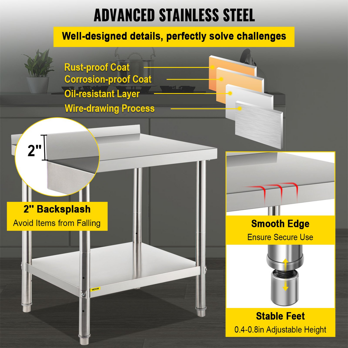 VEVOR Stainless Steel Prep Table, 30 x 24 x 35 Inch, 440lbs Load Capacity Heavy Duty Metal Worktable with Backsplash and Adjustable Undershelf, Commercial Workstation for Kitchen Restaurant