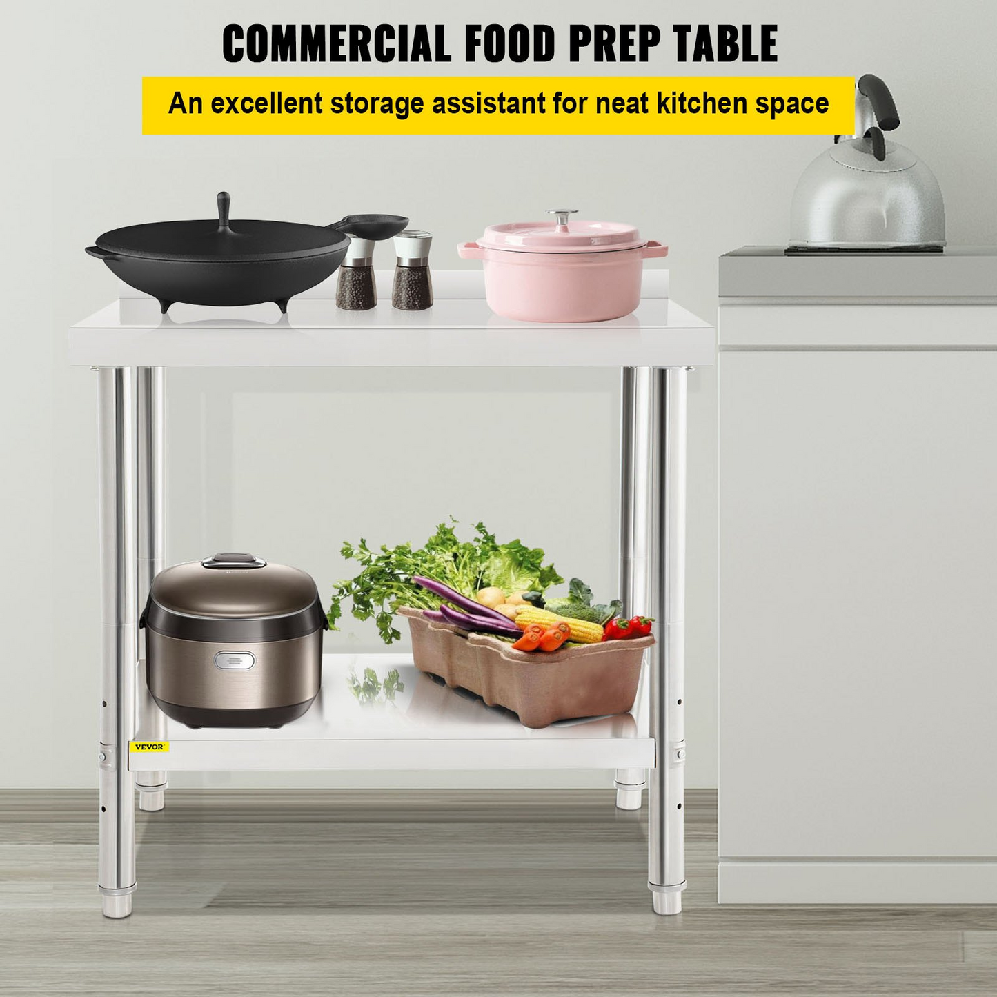 VEVOR Stainless Steel Prep Table, 36 x 24 x 35 Inch, 440lbs Load Capacity Heavy Duty Metal Worktable with Backsplash and Adjustable Undershelf, Commercial Workstation for Kitchen Restaurant